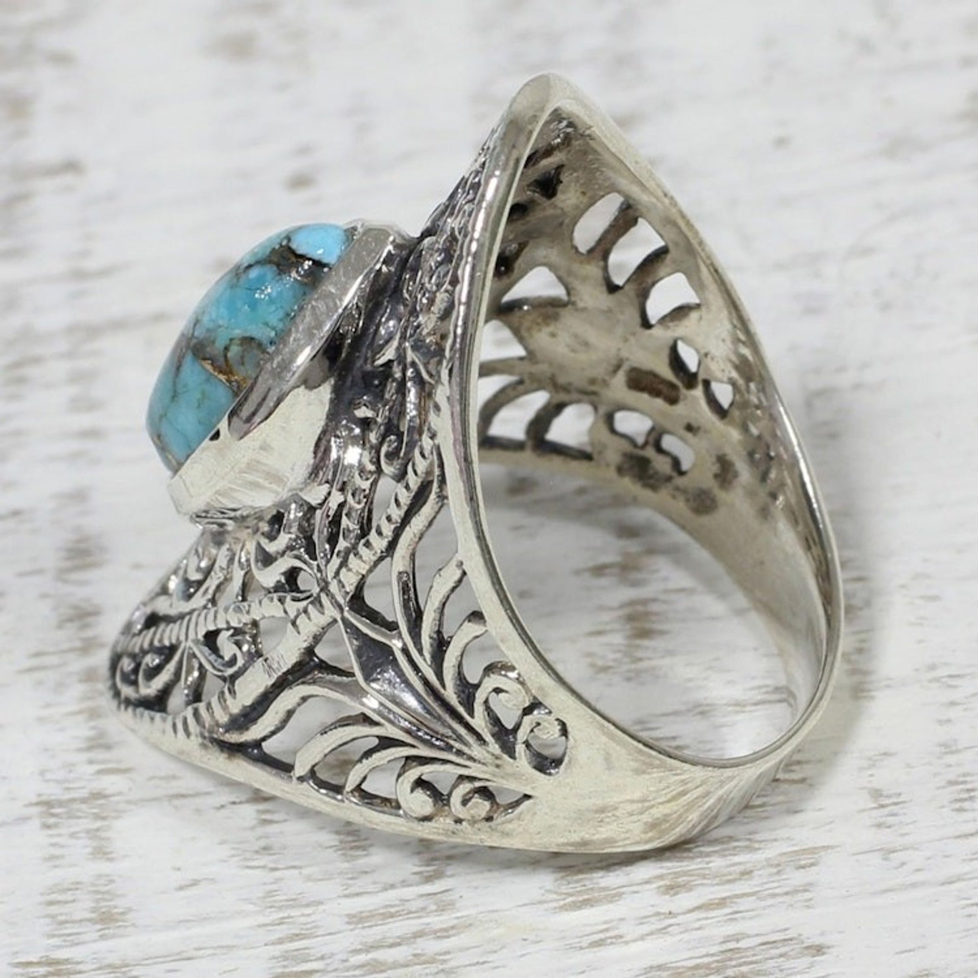 Sterling Silver and Composite Turquoise Indian Cocktail Ring 'Jali Eye'
