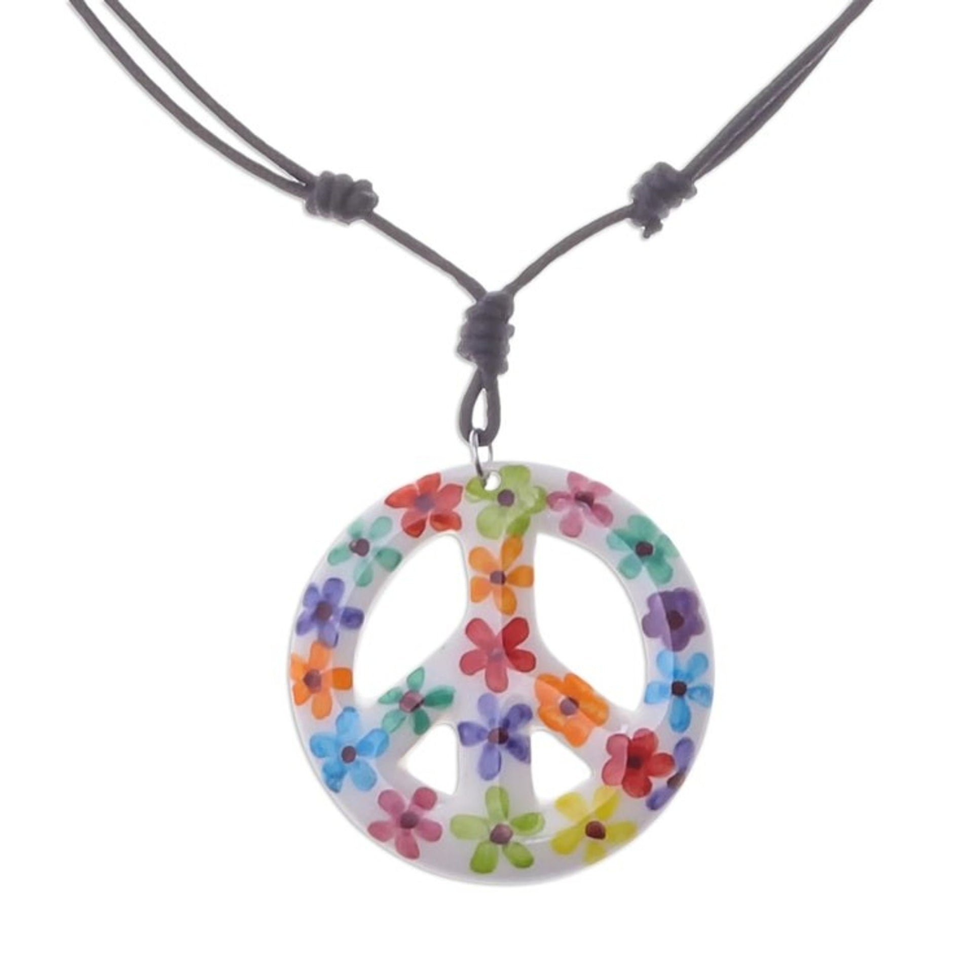 Floral Motif Ceramic Peace Pendant Necklace from Thailand 'Flower Child'