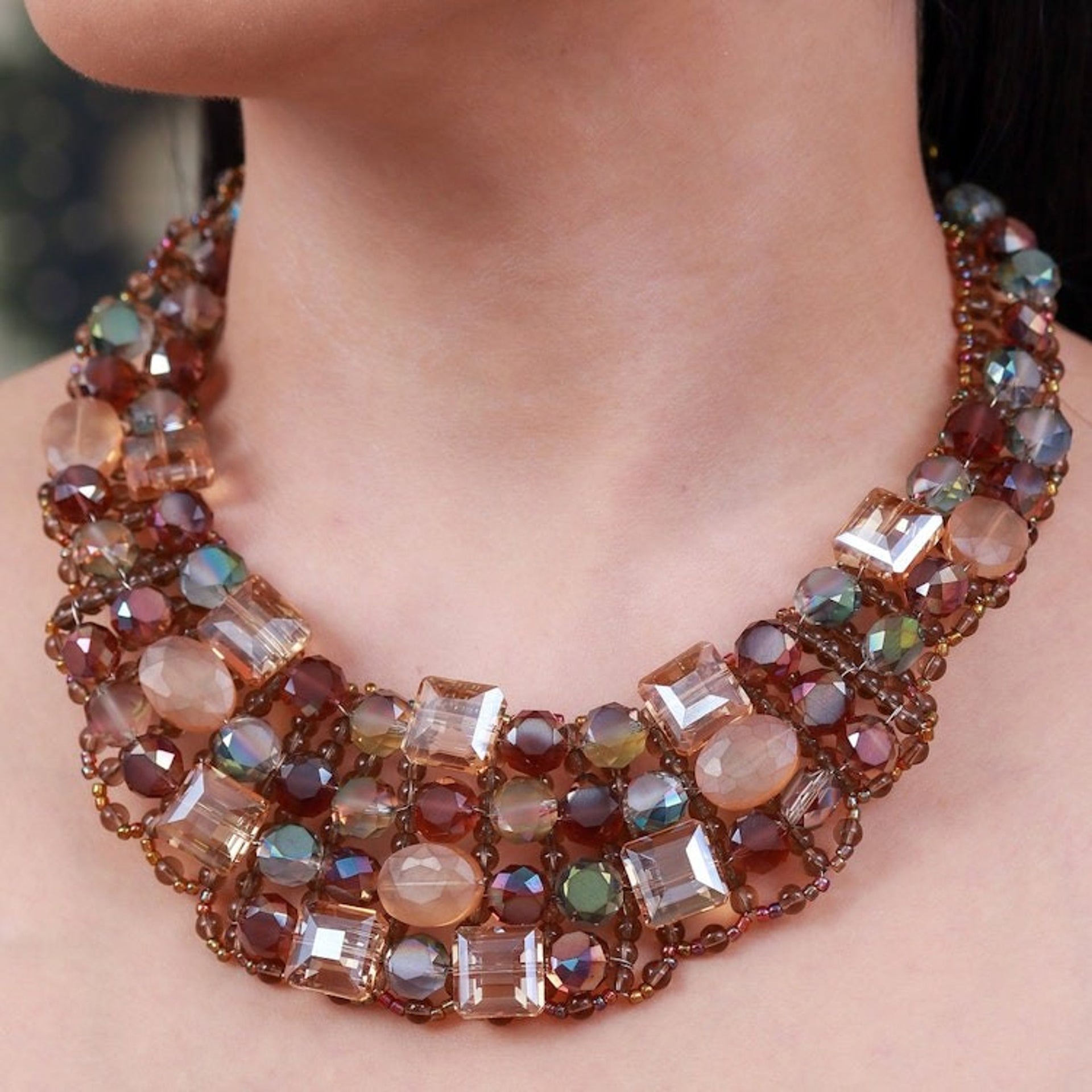 Handmade Glass Beaded Choker Necklace in Warm Hues 'Crystallized Evenings'