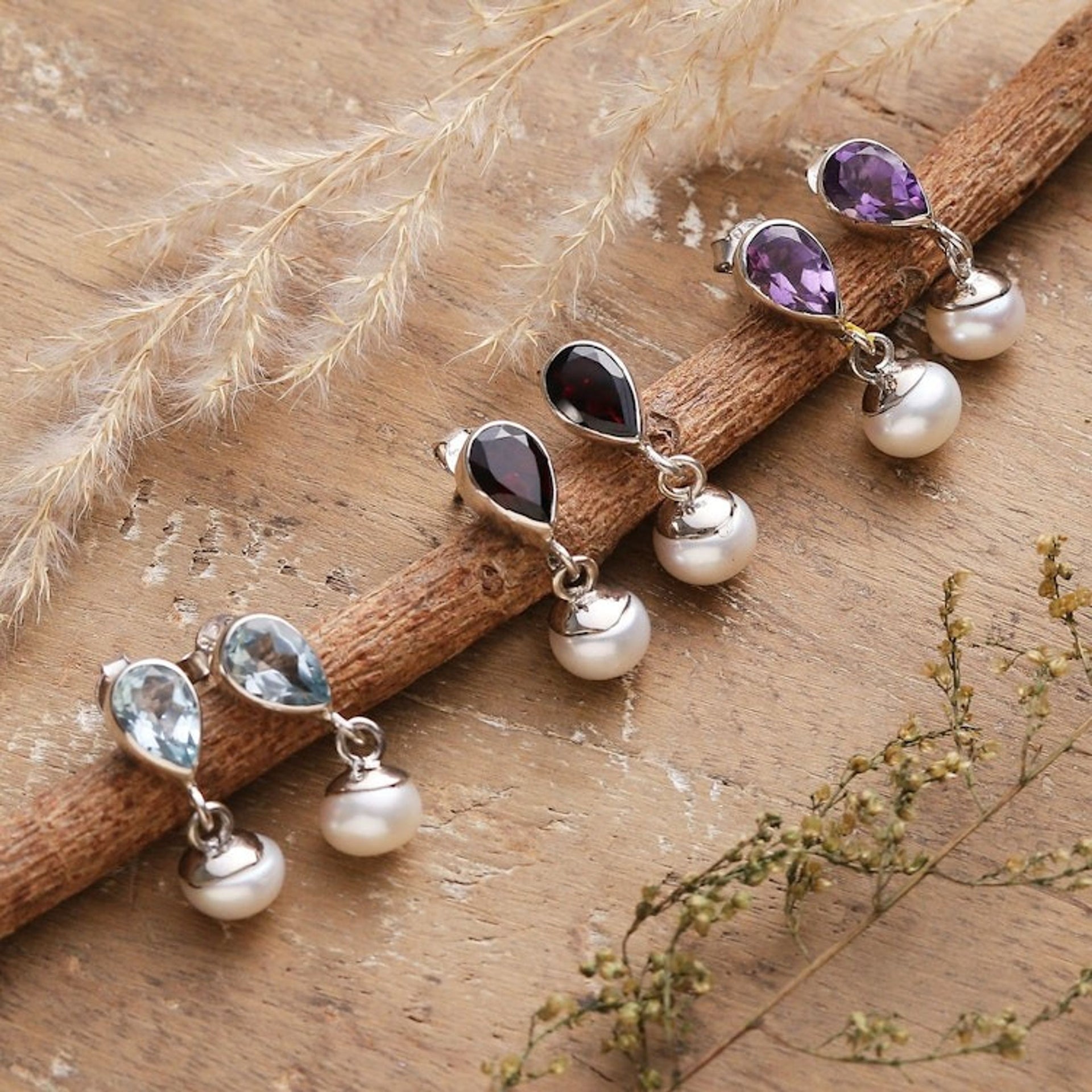 Six-Carat Cultured Pearl and Gemstone Dangle Earrings 'Pearly Spirits'