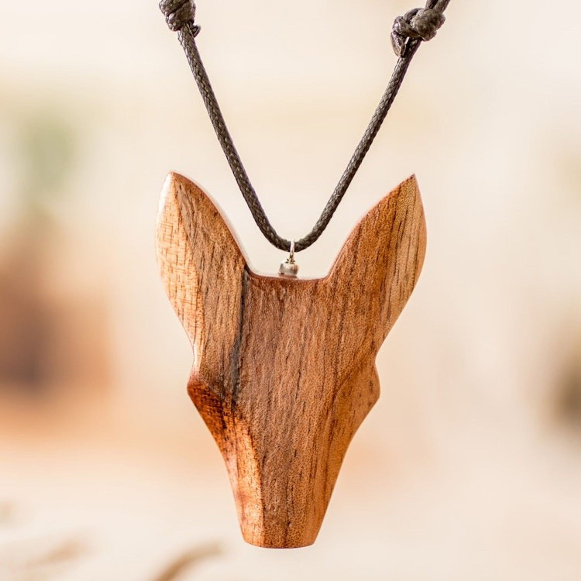 Hand-Carved Adjustable Cedarwood Wolf Pendant Necklace 'Nocturnal Wolf'