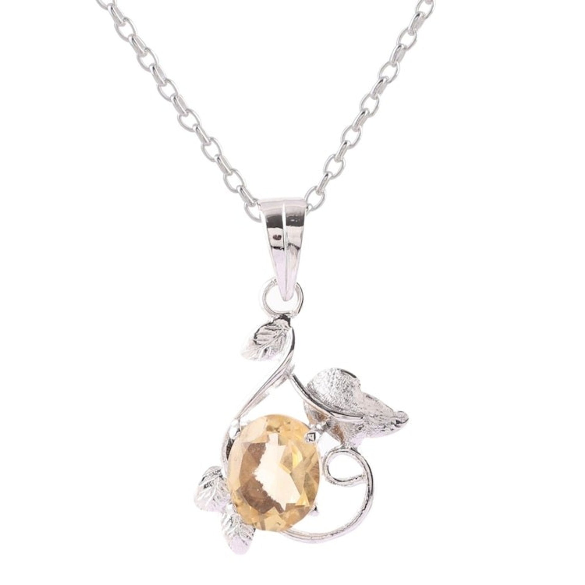 Leafy Rhodium Plated Citrine Pendant Necklace from India 'Glittering Blossom'