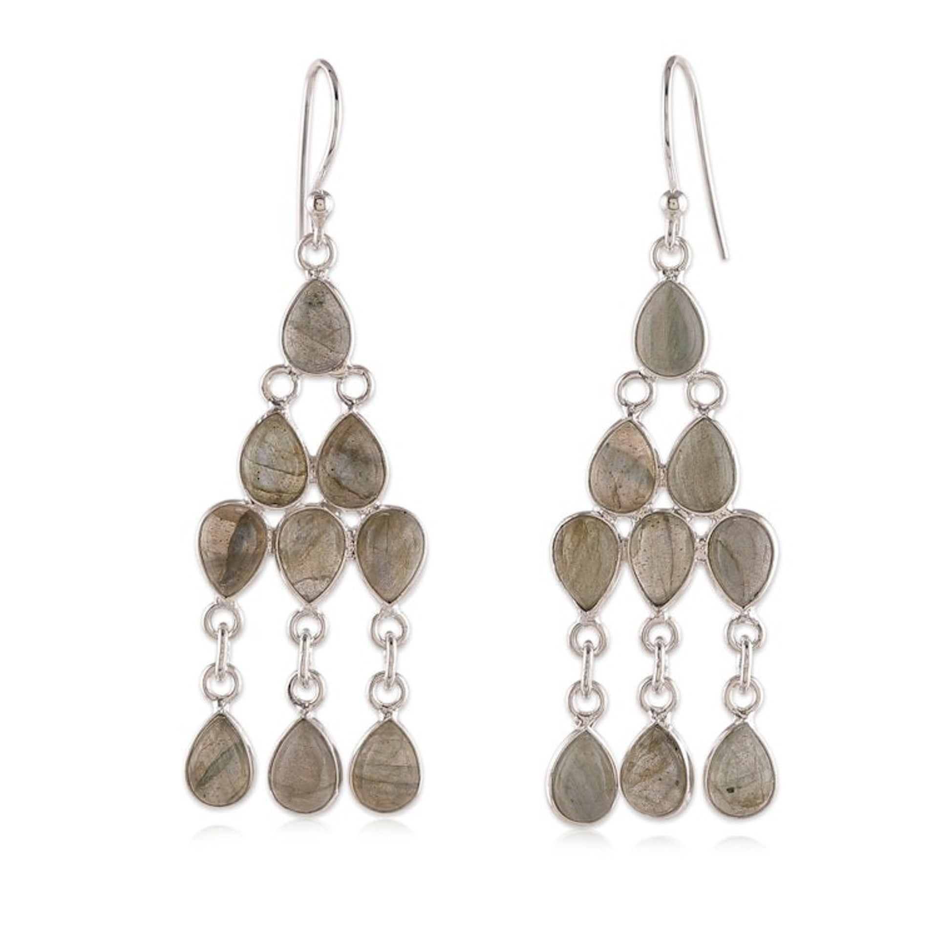 Polished Natural Labradorite Cabochon Chandelier Earrings 'Mystic Cascade'
