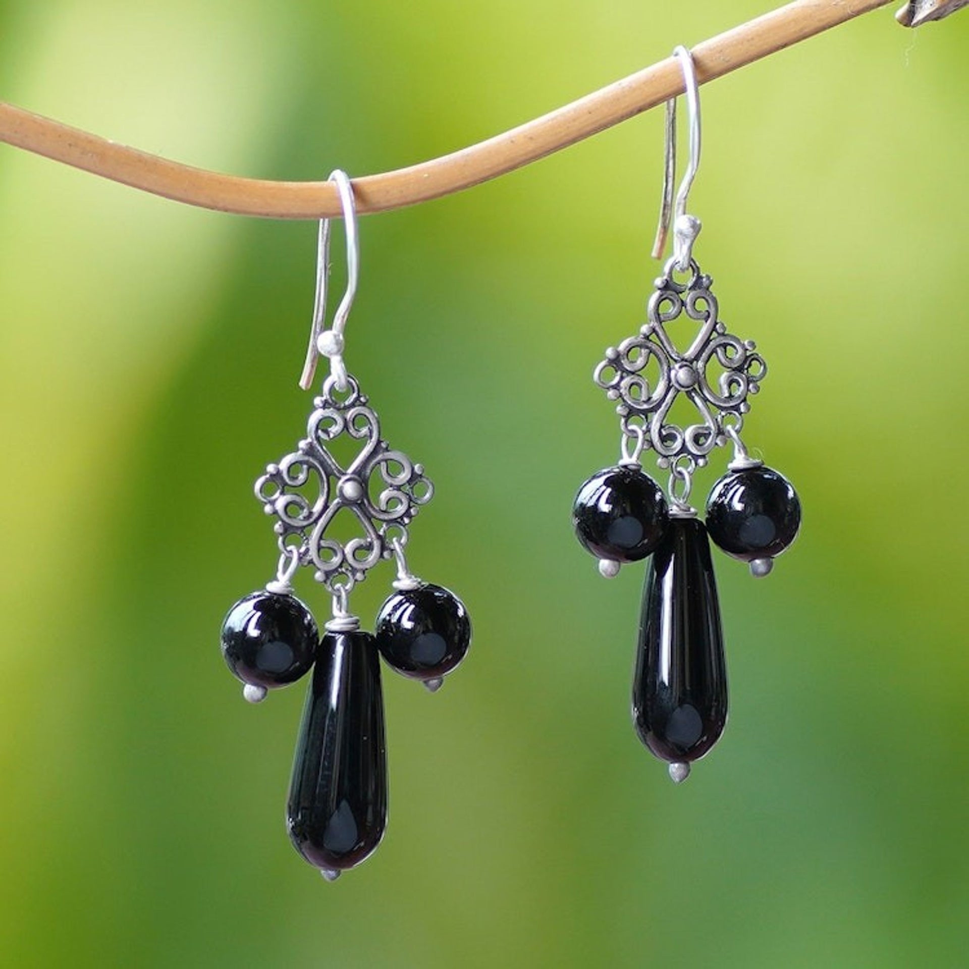 Onyx and Sterling Silver Chandelier Earrings from Indonesia 'Black Droplets'