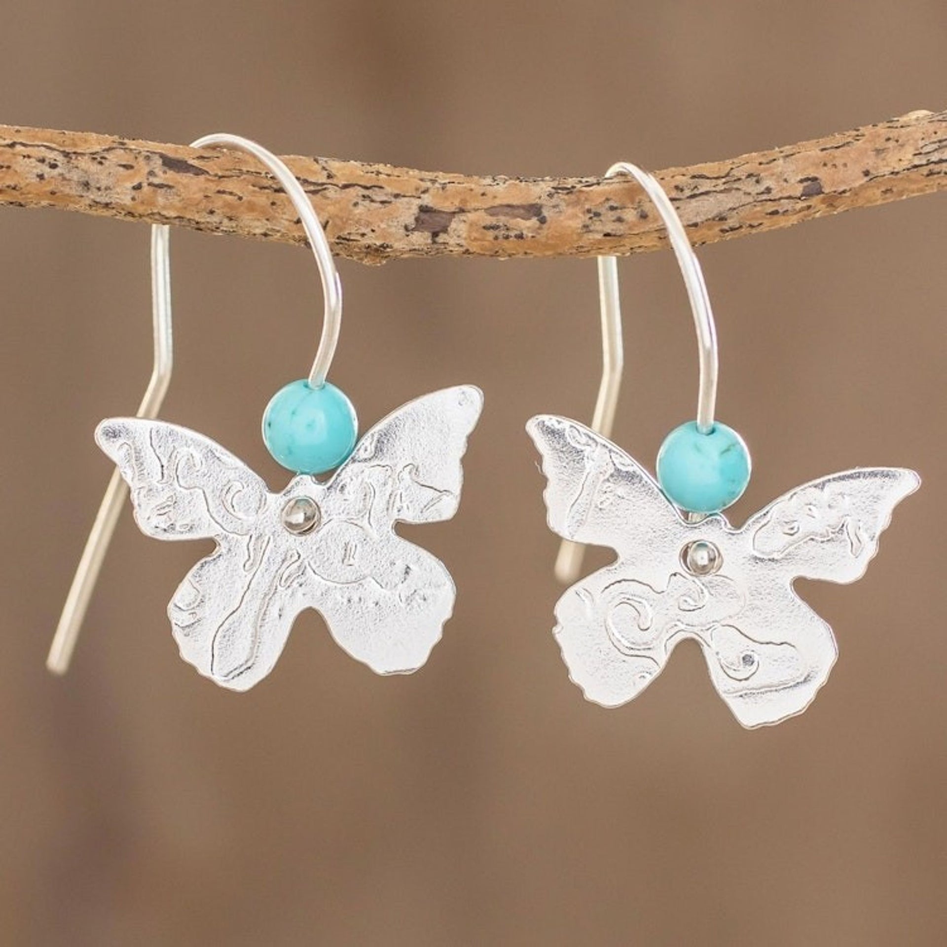 Sterling Silver and Recon Turquoise Butterfly Drop Earrings 'Butterfly Texture'