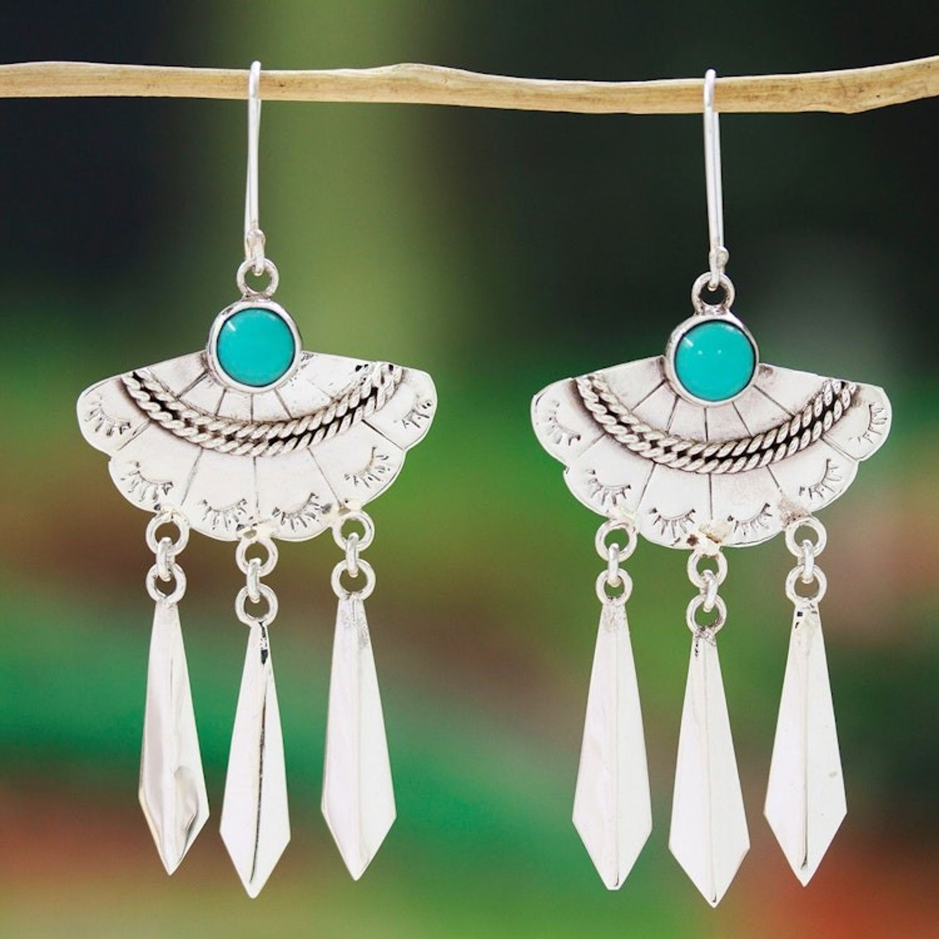 Taxco 925 Silver Turquoise Fan-Shaped Chandelier Earrings 'Fan Delight'