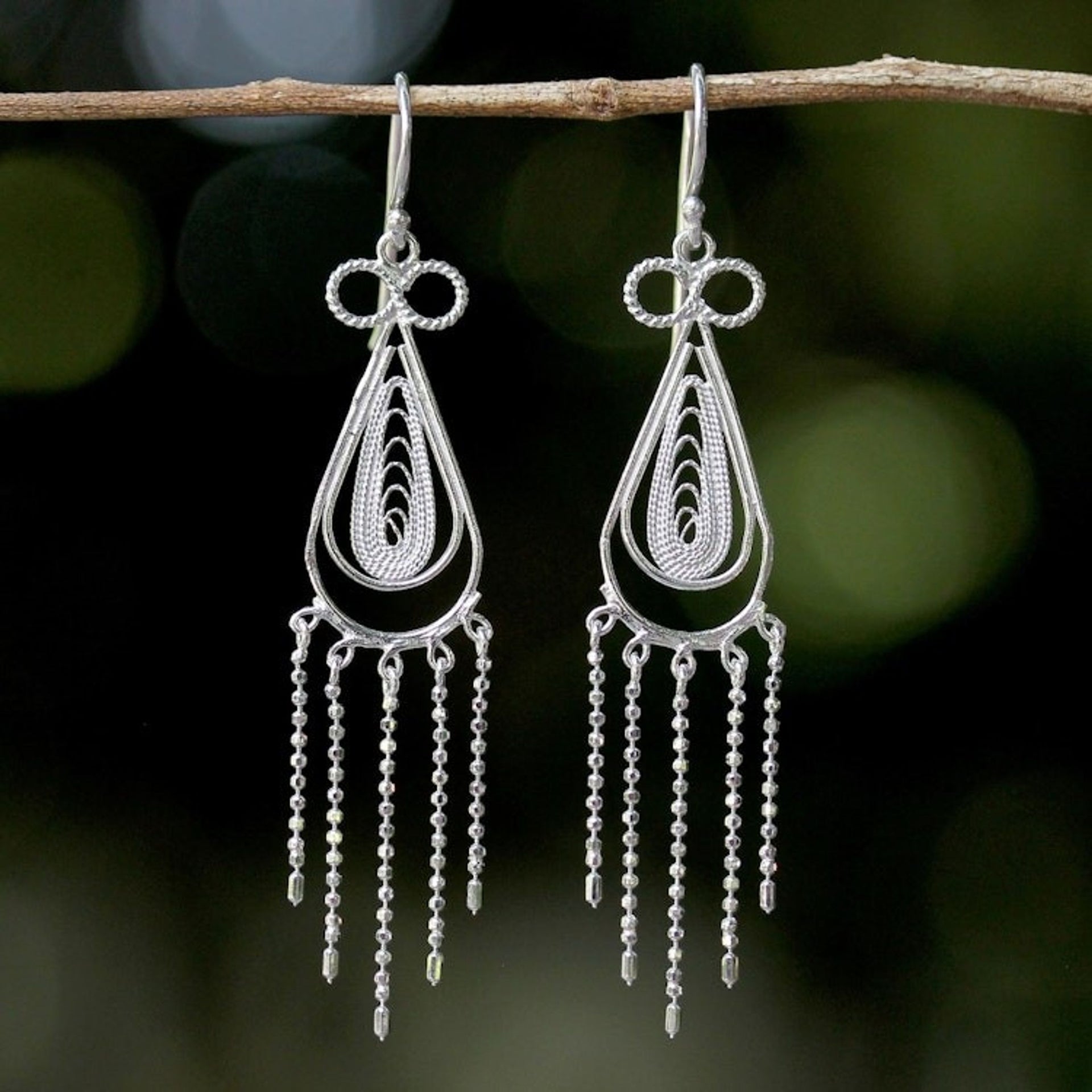 Sterling Silver Thai Filigree Chandelier Teardrop Earrings 'Fringed Droplets'