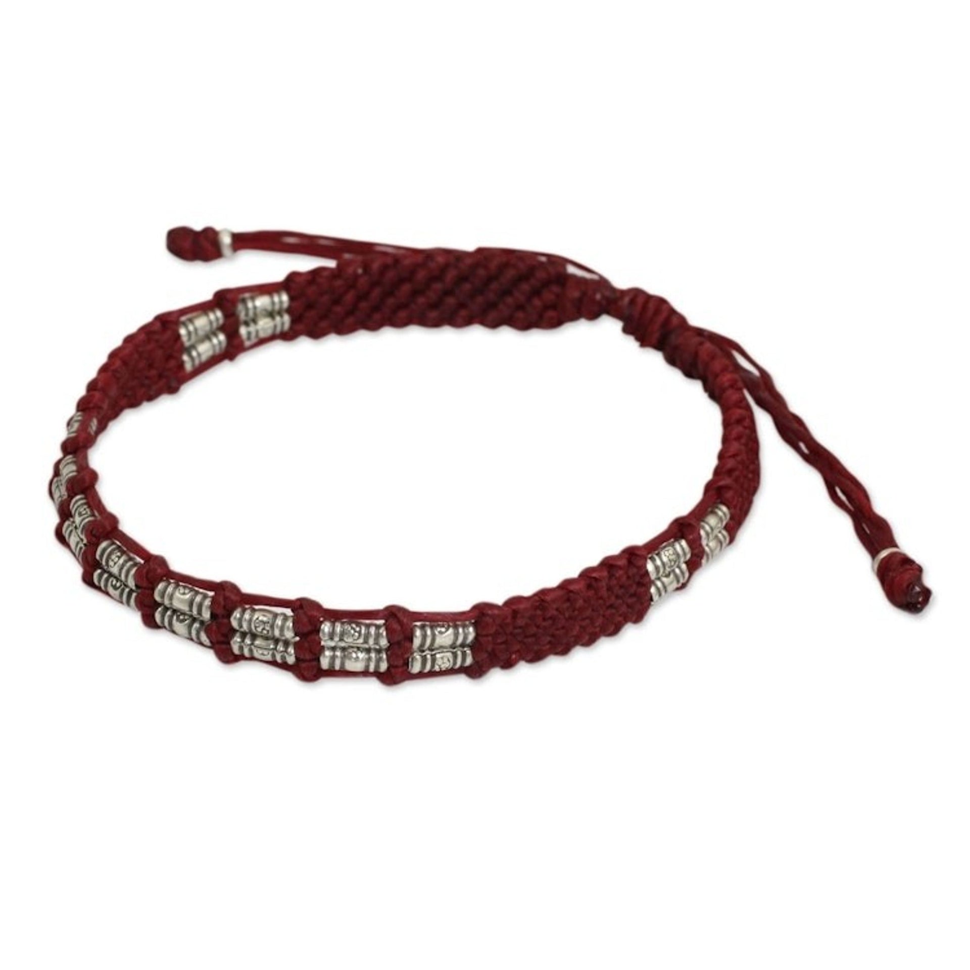 Thai Braided Red Cord Bracelet with 950 Silver Beads 'Affinity in Red'