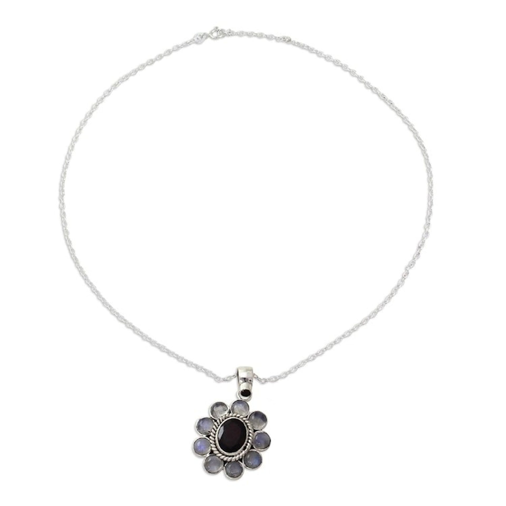 Rainbow Moonstone Garnet Sterling Silver Pendant Necklace 'Radiant Flower'