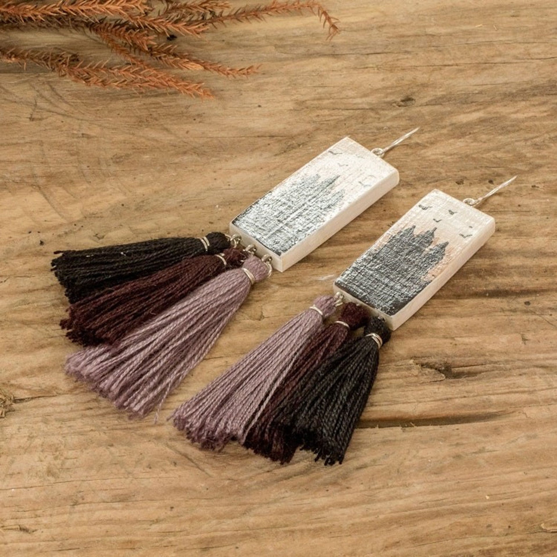 Hand-Painted Cedarwood Dangle Earrings with Tassels 'Beloved Forests'