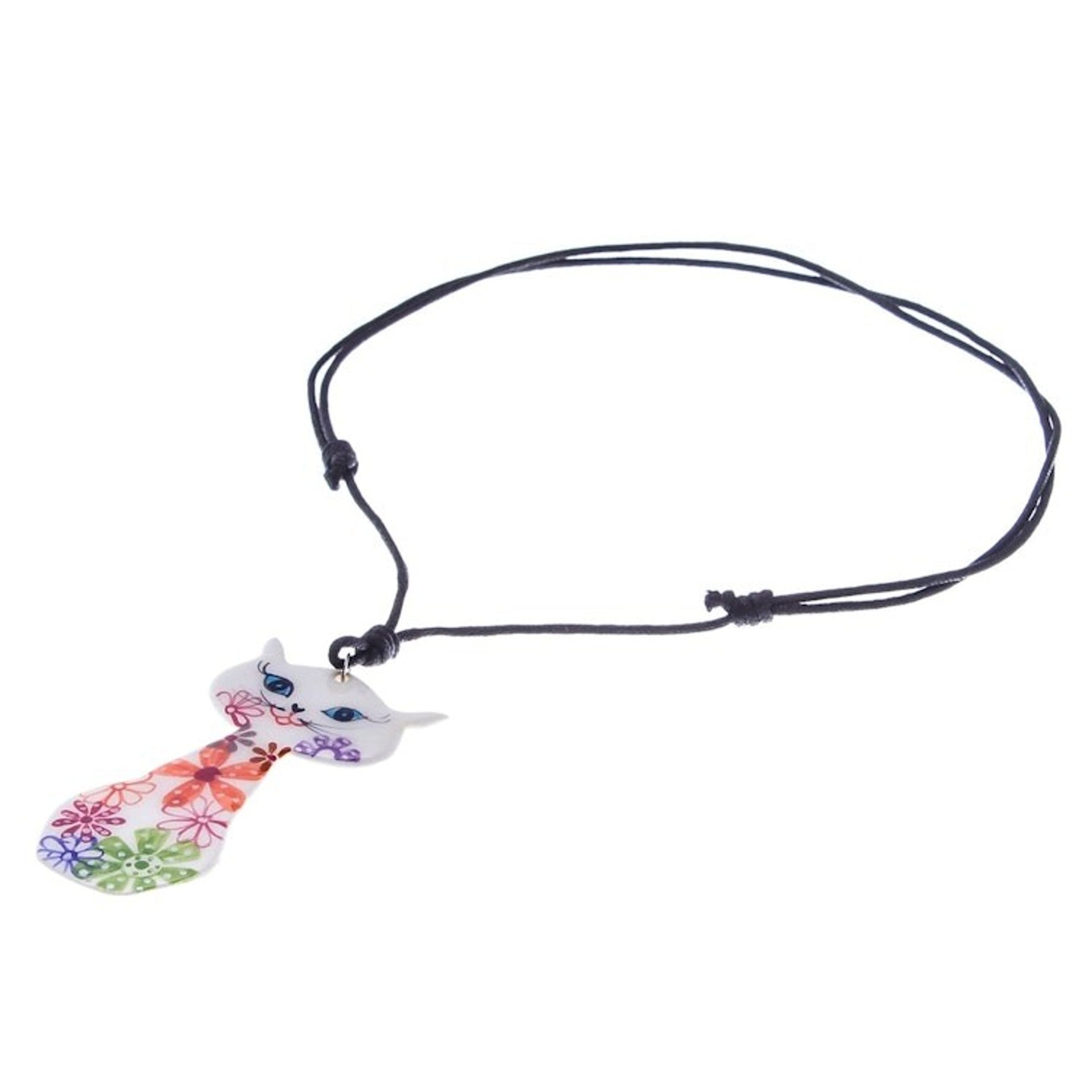 Ceramic Floral Cat Pendant Necklace from Thailand 'Daisy Cat'