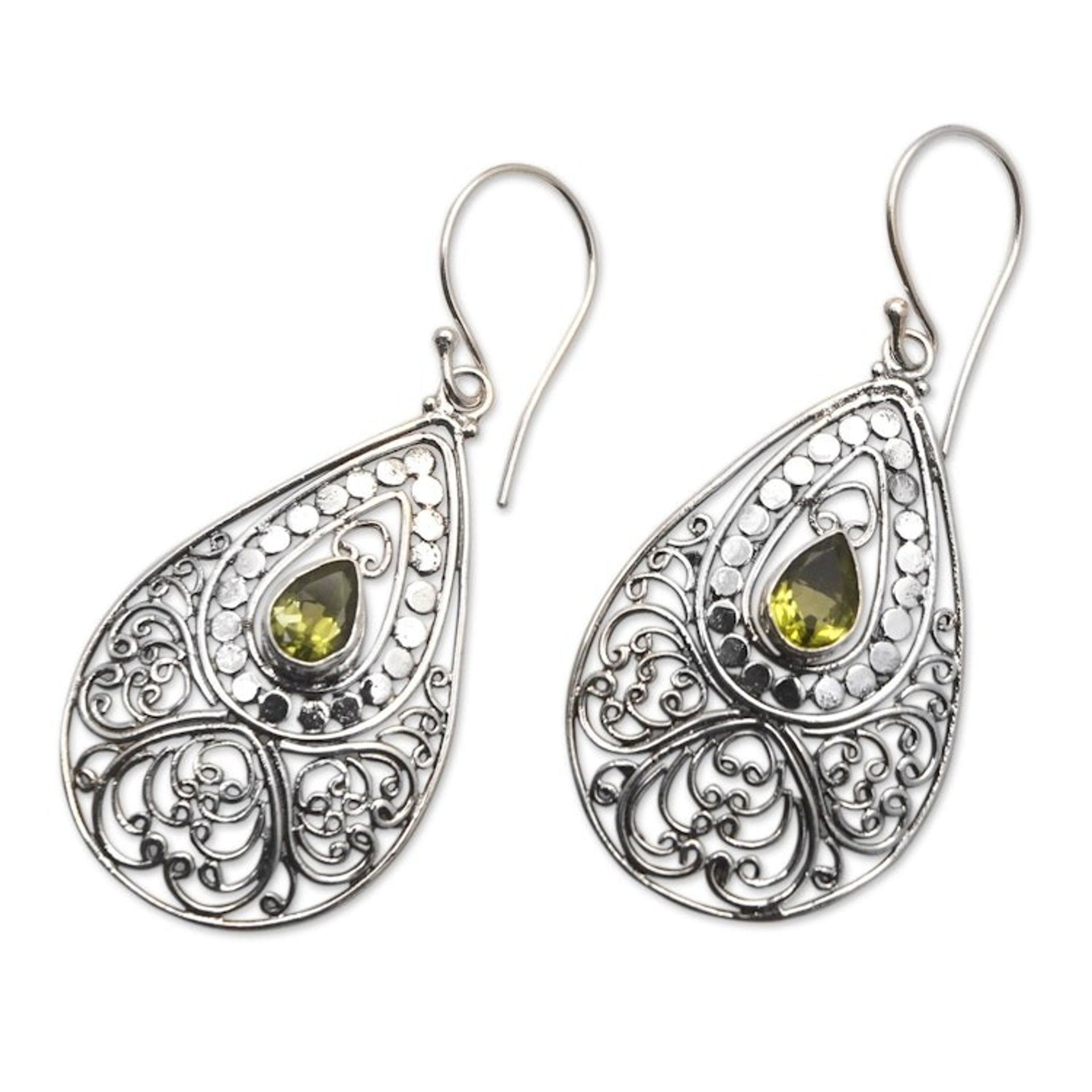 Sterling Silver Dangle Earrings with Natural Peridot Stones 'Mixed Fortune'