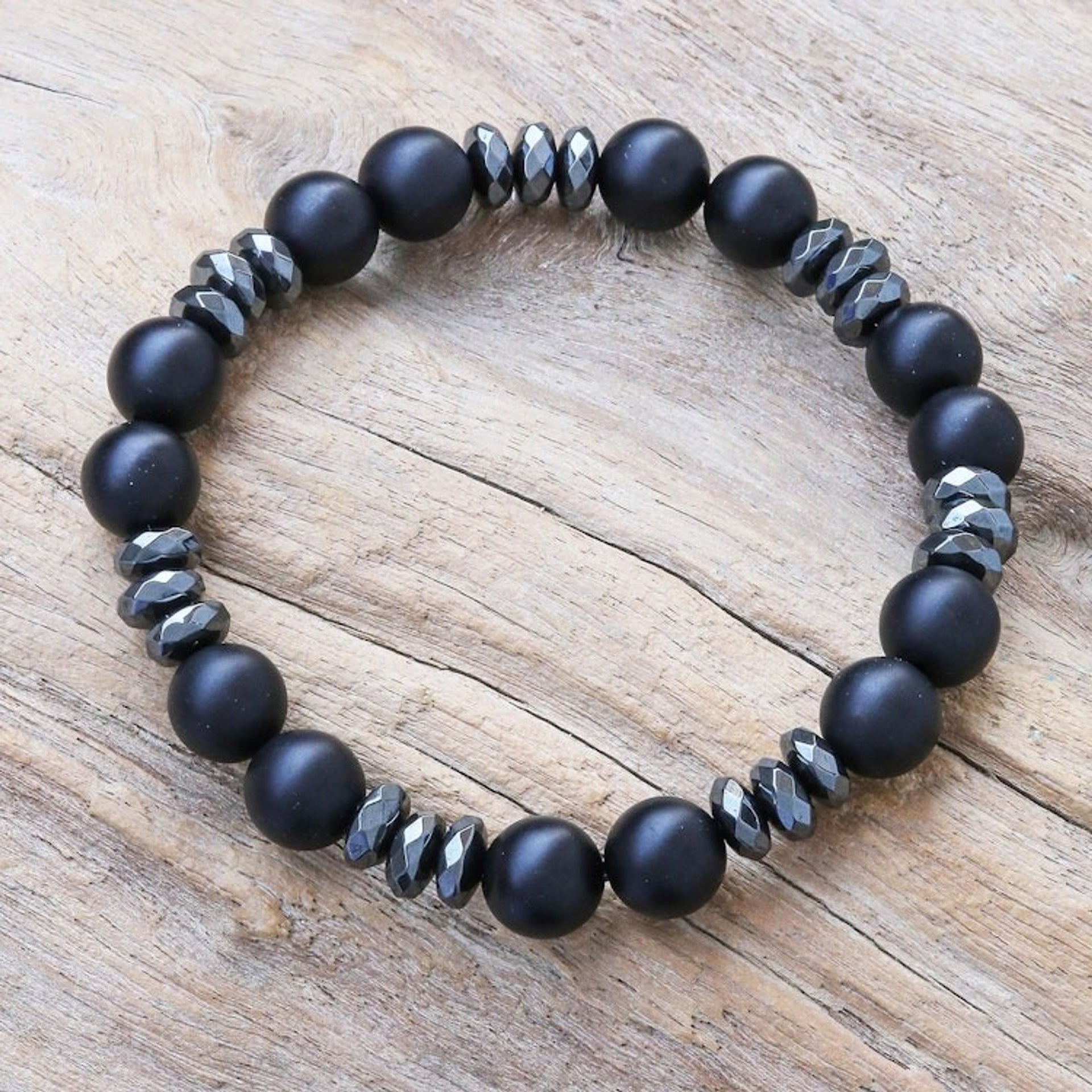 Hand Crafted Onyx and Hematite Beaded Bracelet 'Cool Night'