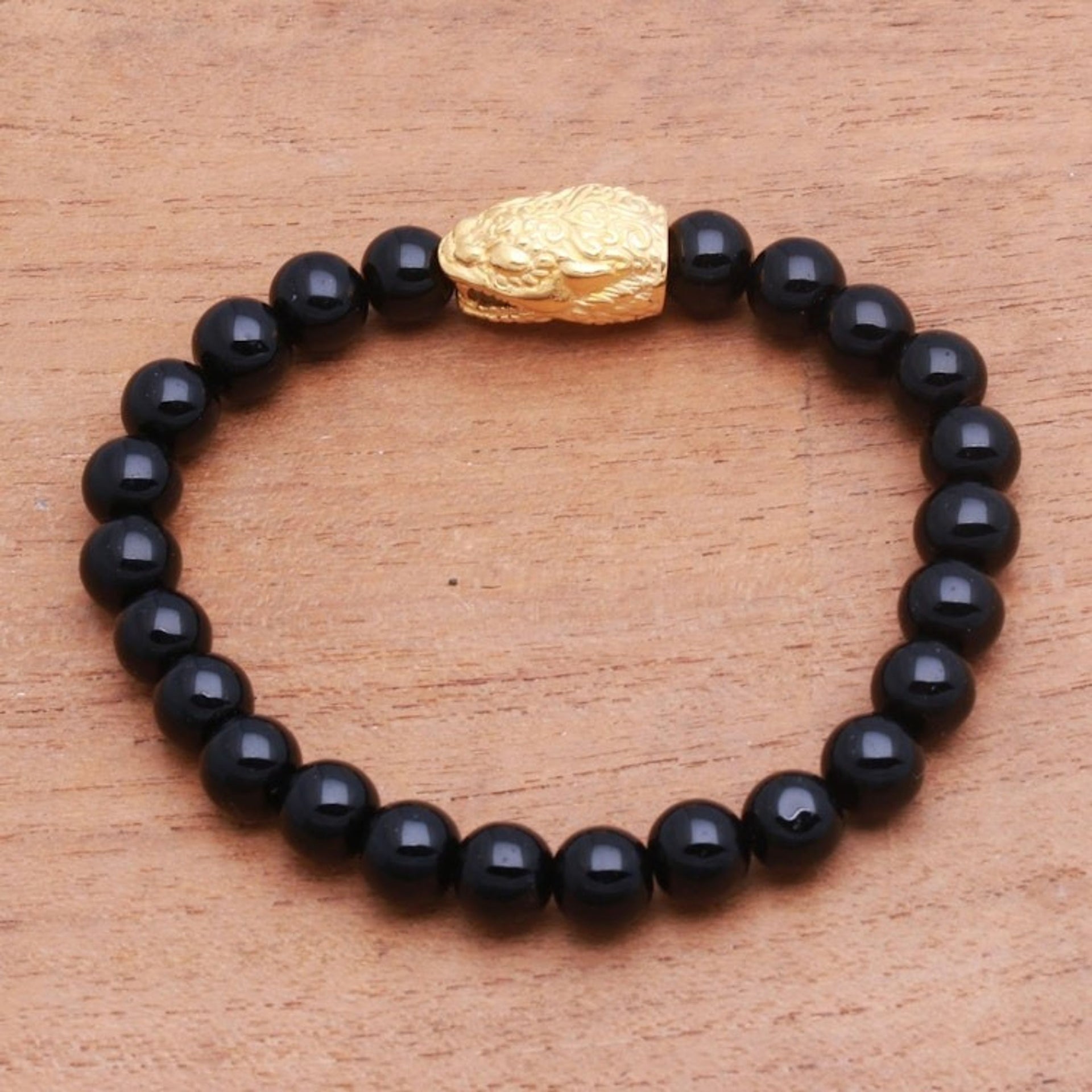 Gold Accented Snake-Themed Onyx Beaded Stretch Bracelet 'Fierce Snake'