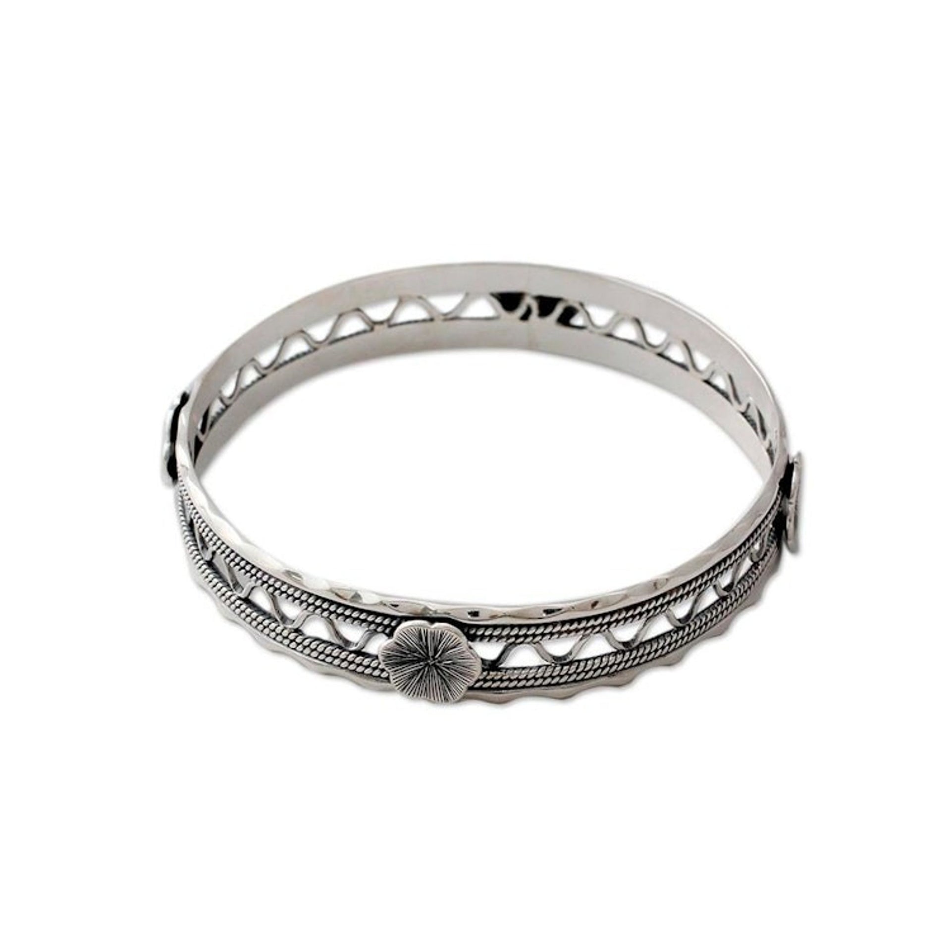 Floral Sterling Silver Bangle Bracelet from India 'Floral Wave'