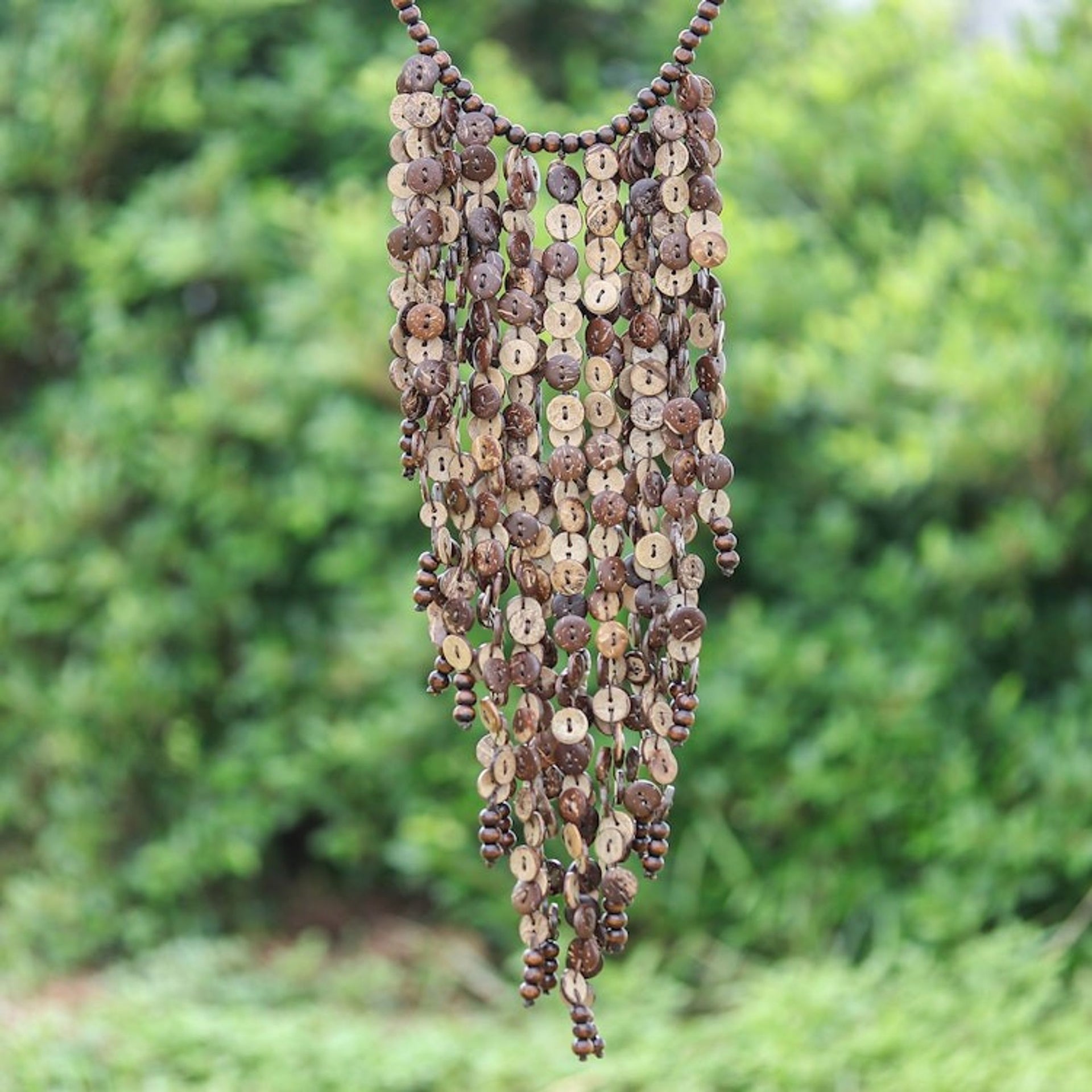 Tropical Wood and Coconut Shell Waterfall Necklace 'Tropical Waterfall'