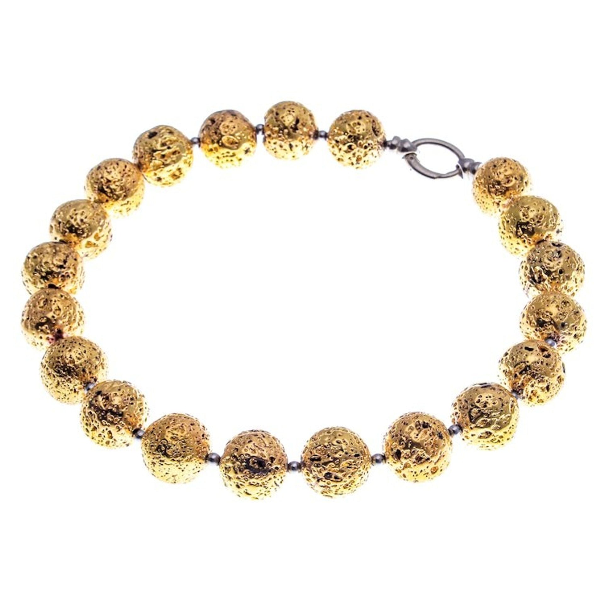 Gold-Toned Lava Stone and Hematite Beaded Necklace 'Blazing Golden'