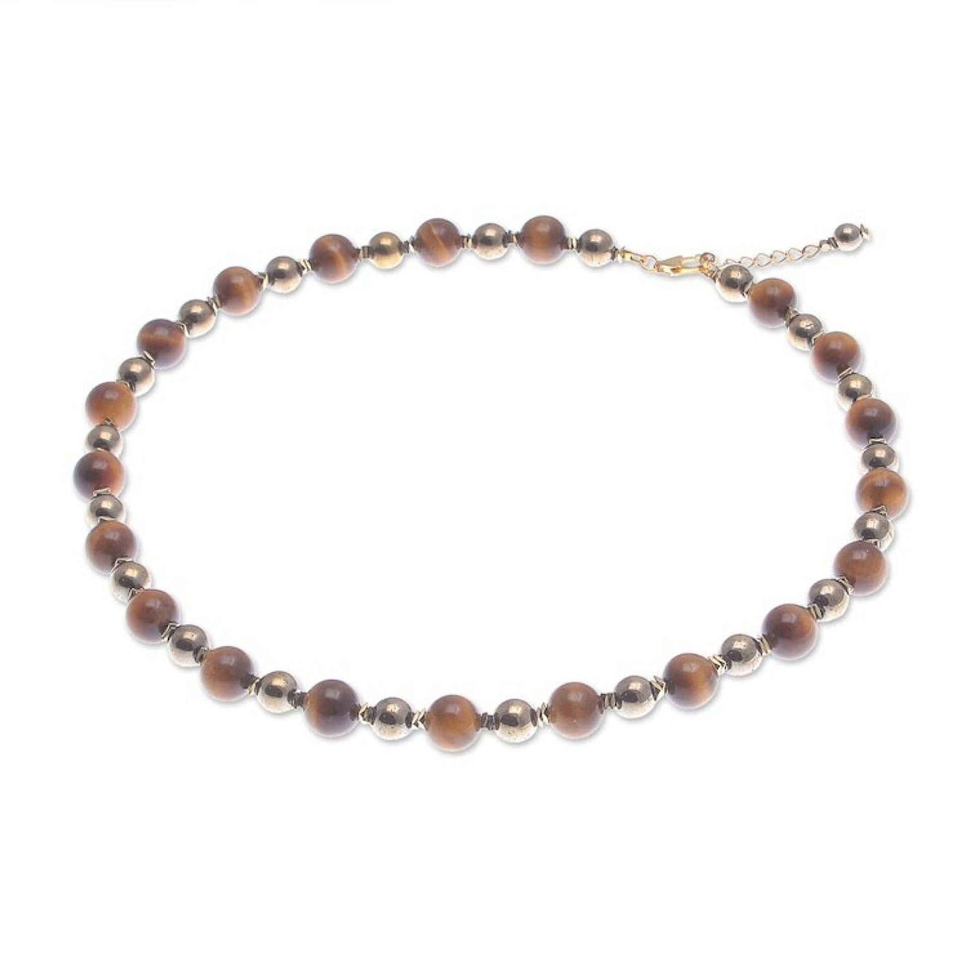 Gold-Accented Tiger's Eye and Hematite Beaded Necklace 'Tiger's Morning'