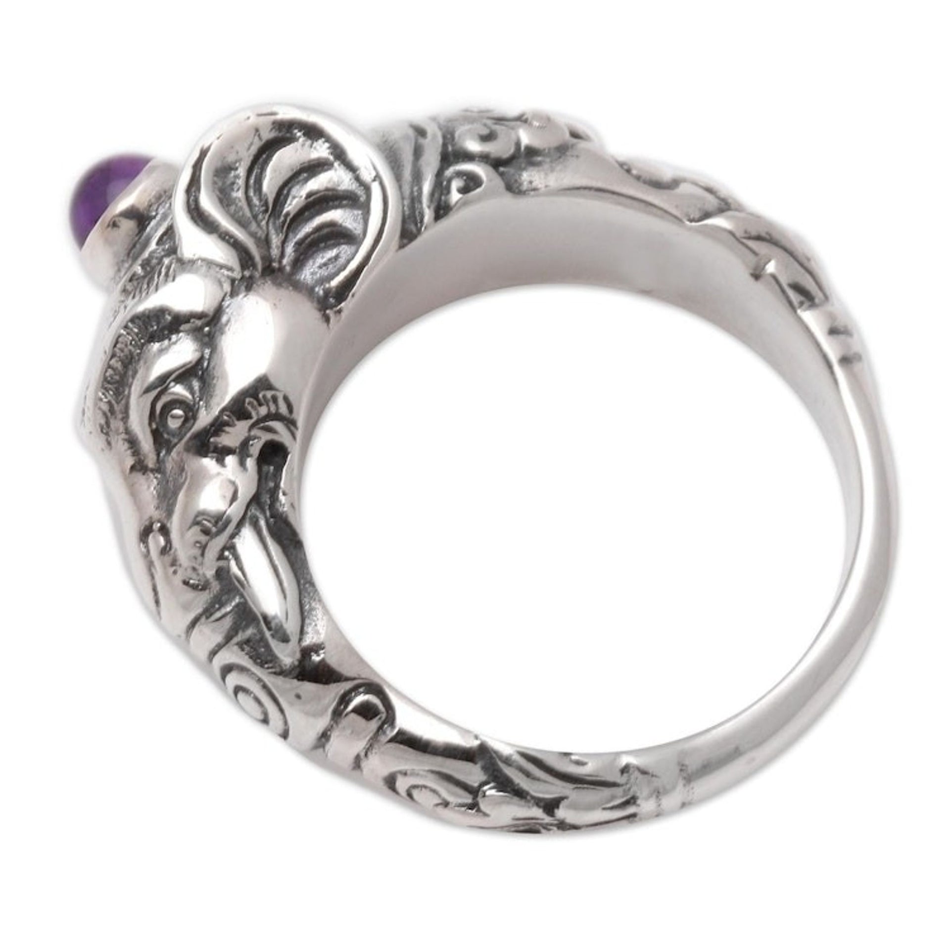 Men's Sterling Silver and Amethyst Ring 'Balinese Elephant'