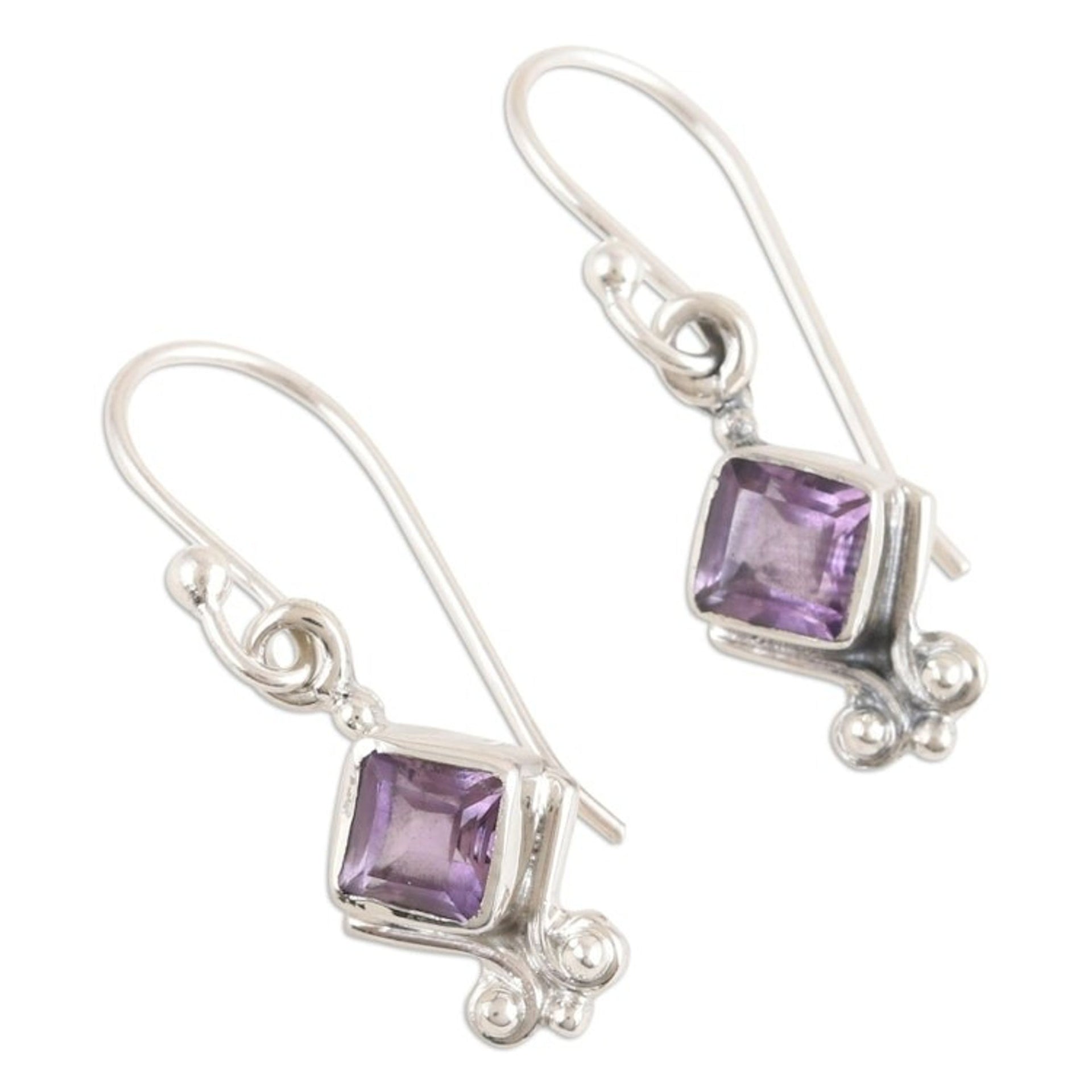 Sterling Silver Dangle Earrings with Faceted Amethyst Stones 'Adorable Wisdom'