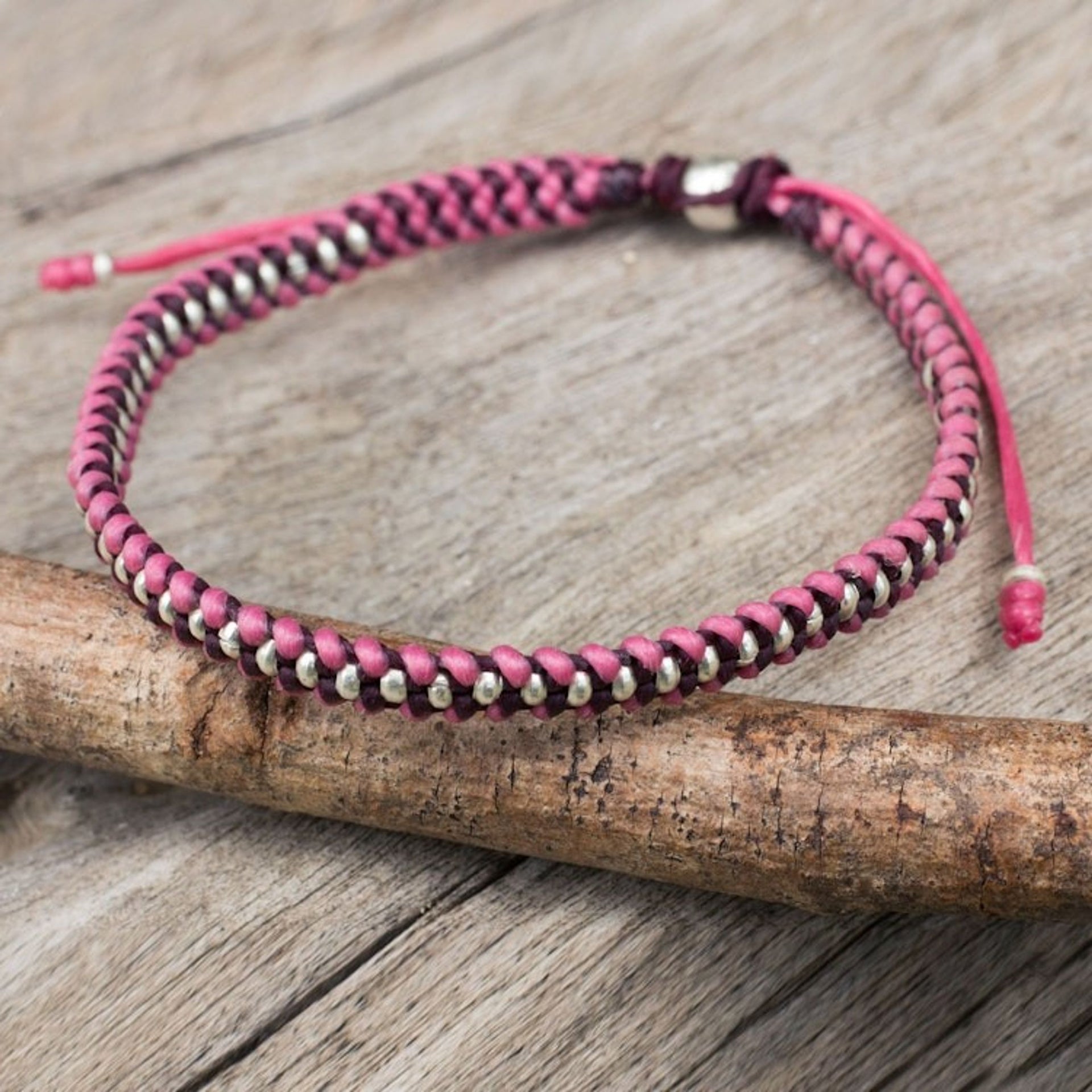 Pink and Maroon Wristband Bracelet with Silver Beads 'Pink Maroon Progression'