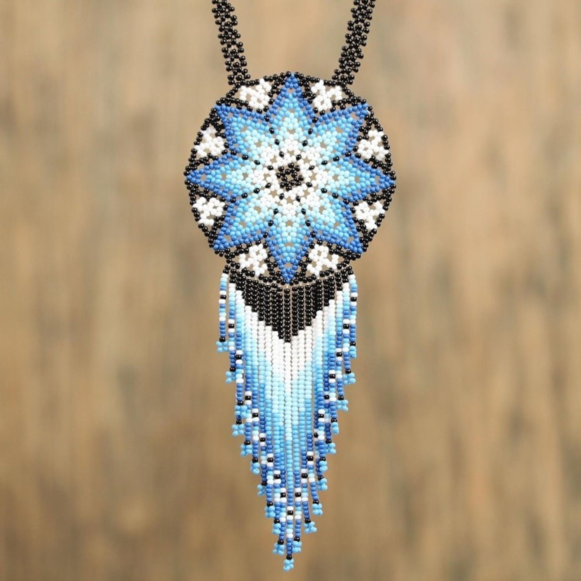Huichol Glass Beaded Necklace in Blue from Mexico 'Icy Huichol'