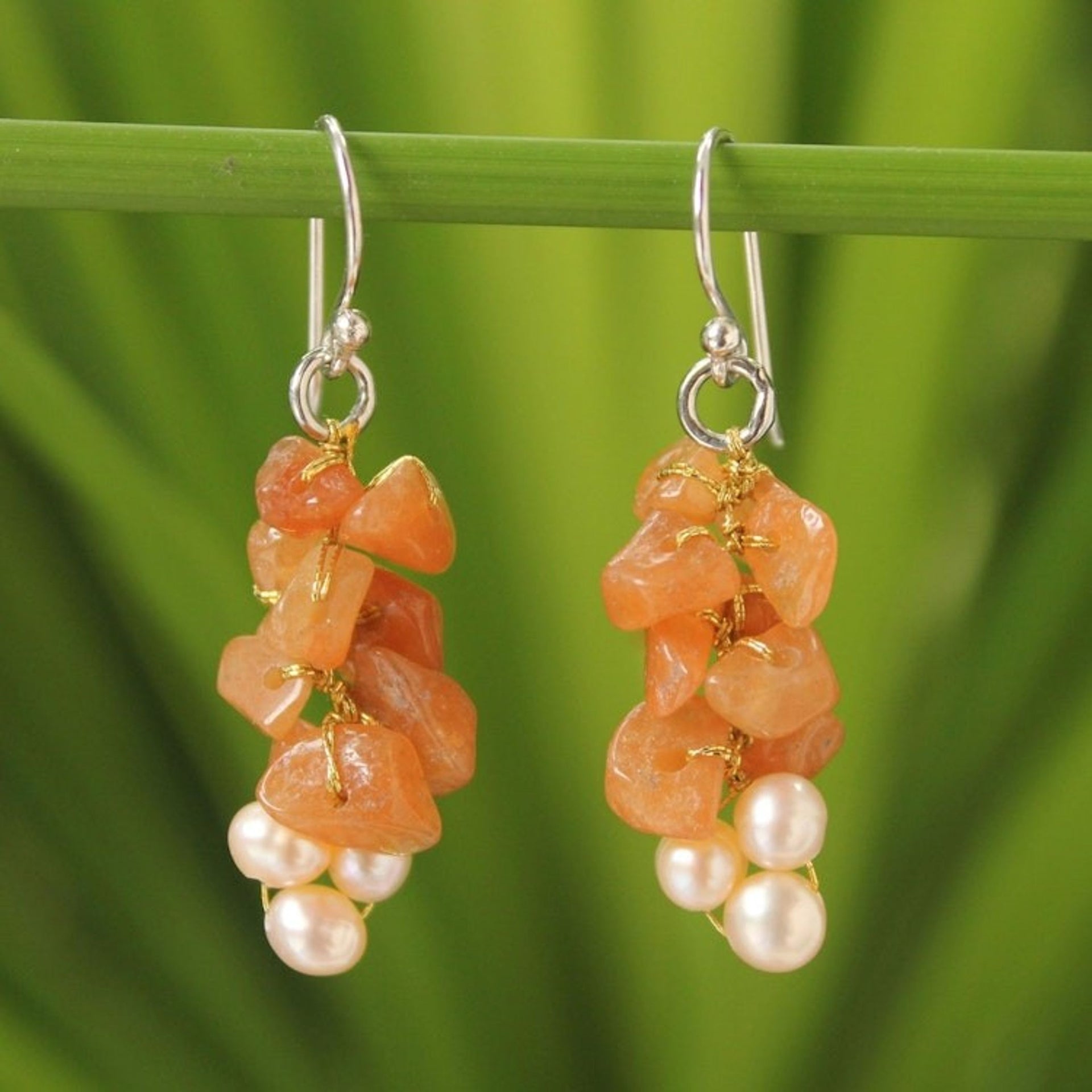 Beaded Aventurine and Pearl Earrings 'Afternoon Glow'