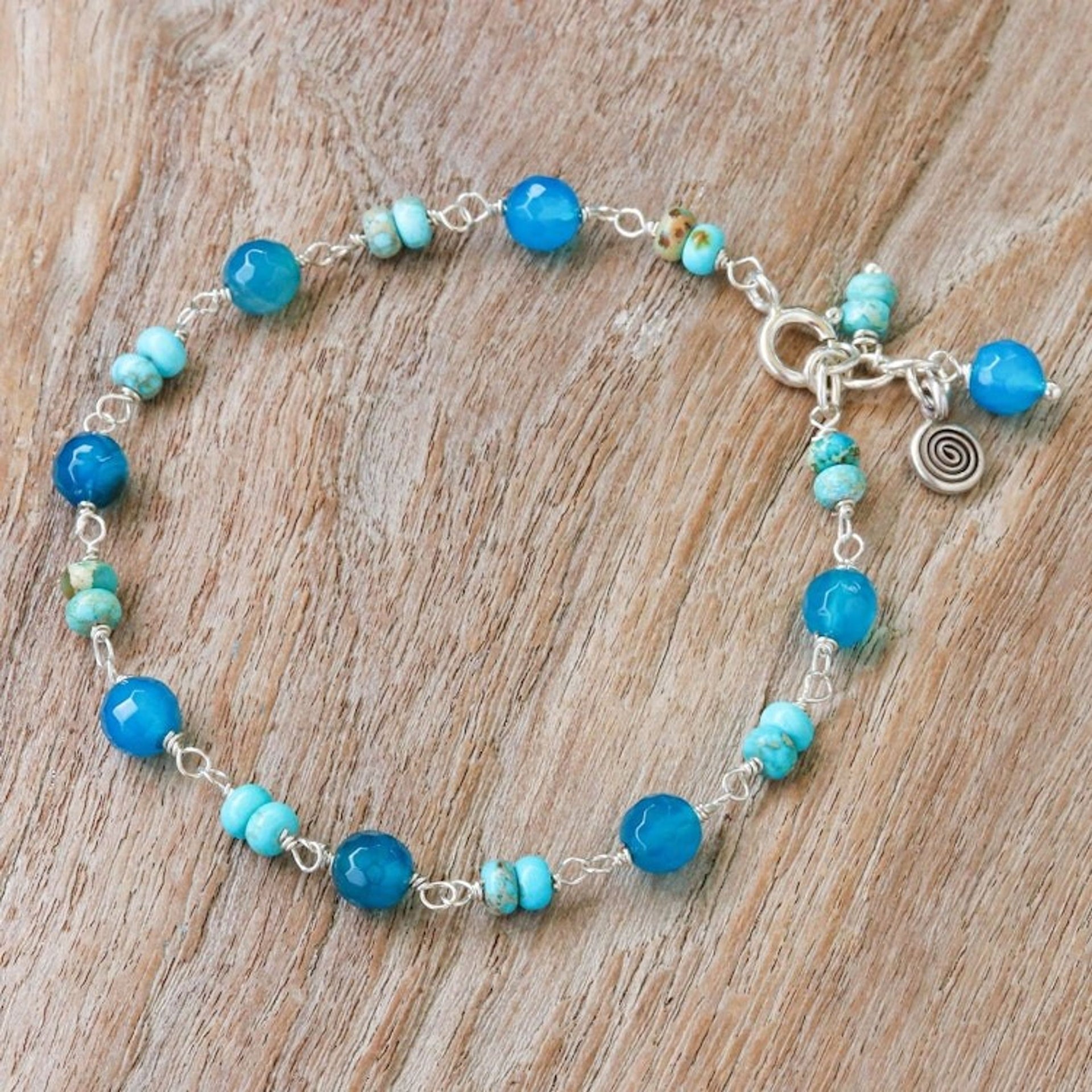 Sterling Silver Beaded Charm Bracelet with Agate and Jasper 'Stylish Swirl'