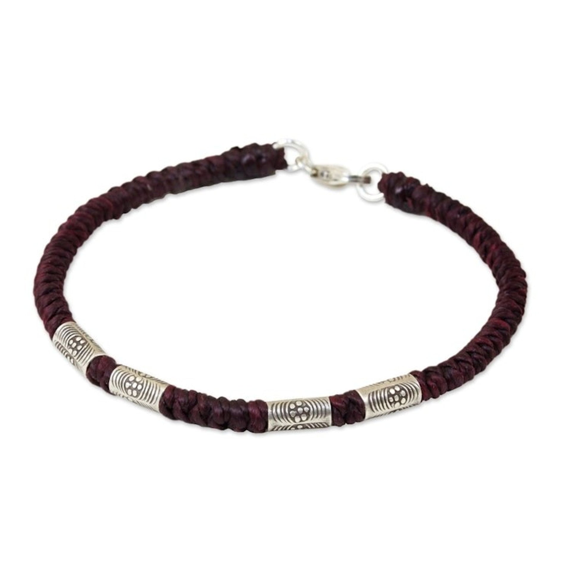 950 Silver Accent Wristband Braided Bracelet from Thailand 'Simply Happy in Maroon'