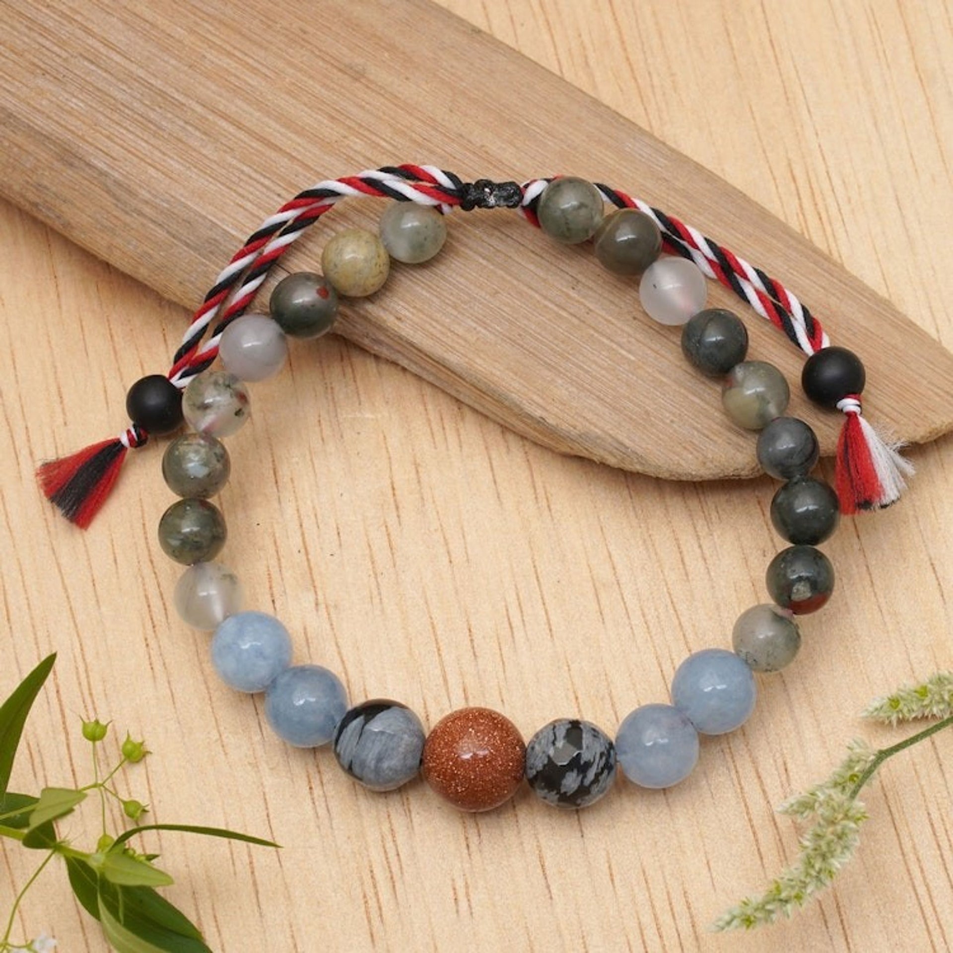 Mens Yoga Tridatu Multi-Gemstone Beaded Pendant Bracelet 'Tridatu Equilibrium'