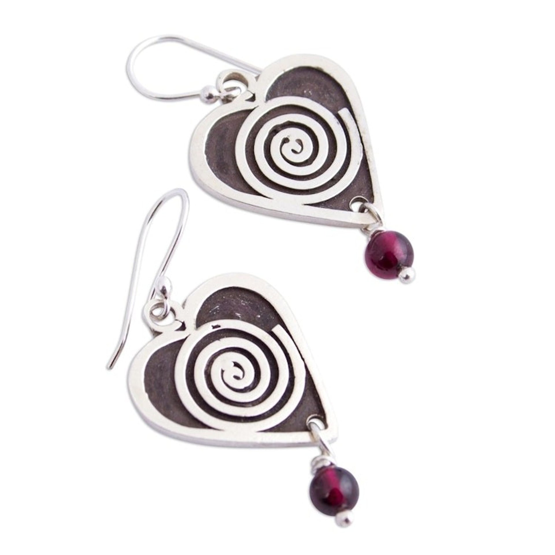 Heart Shaped Garnet Dangle Earrings by Mexican Artisans 'Spiral Hearts'