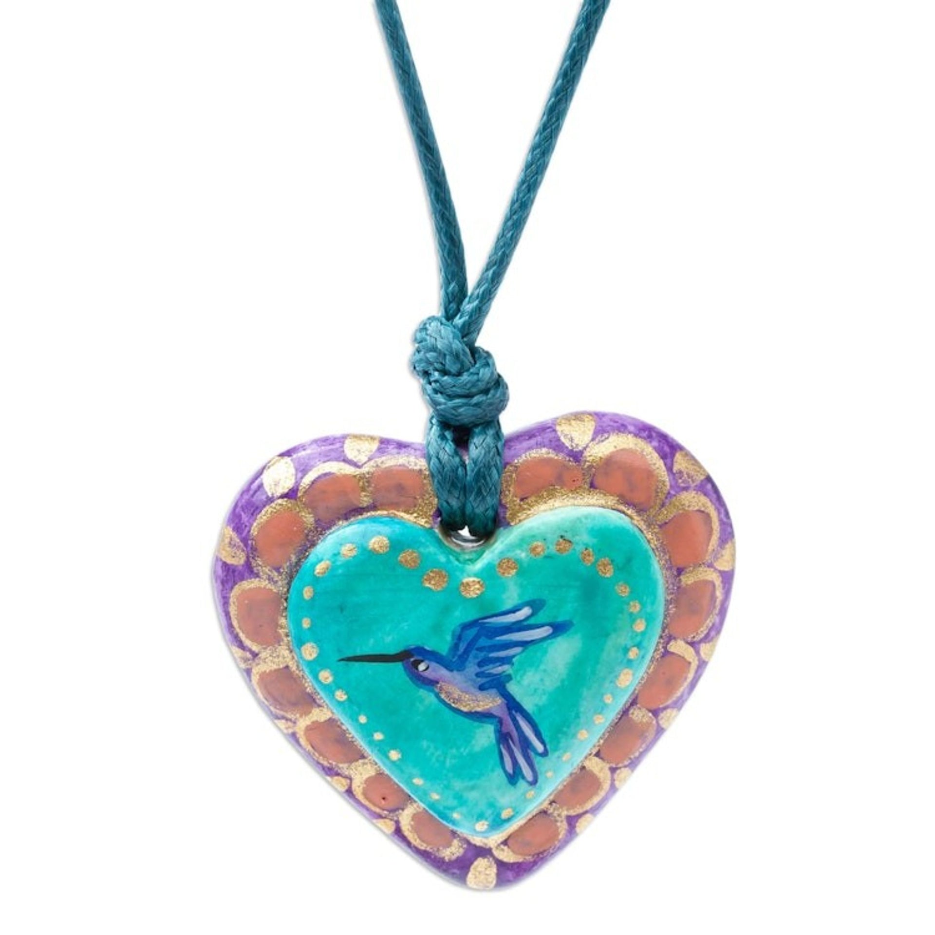 Hand Painted Heart Shaped Hummingbird Pendant Necklace 'Framed Hummingbird Heart'