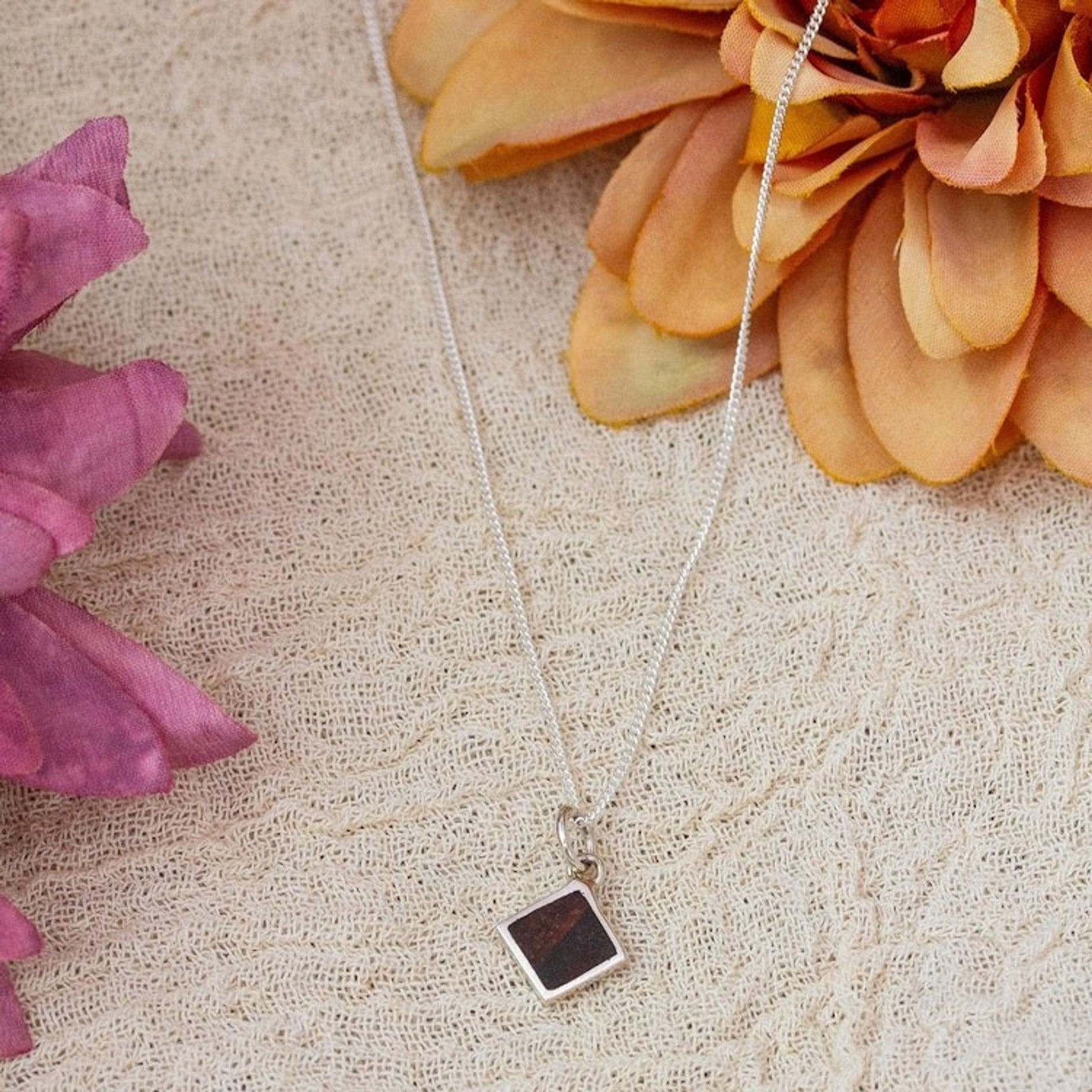 Diamond-Shaped Wood and Sterling Silver Pendant Necklace 'Authentic Forest'