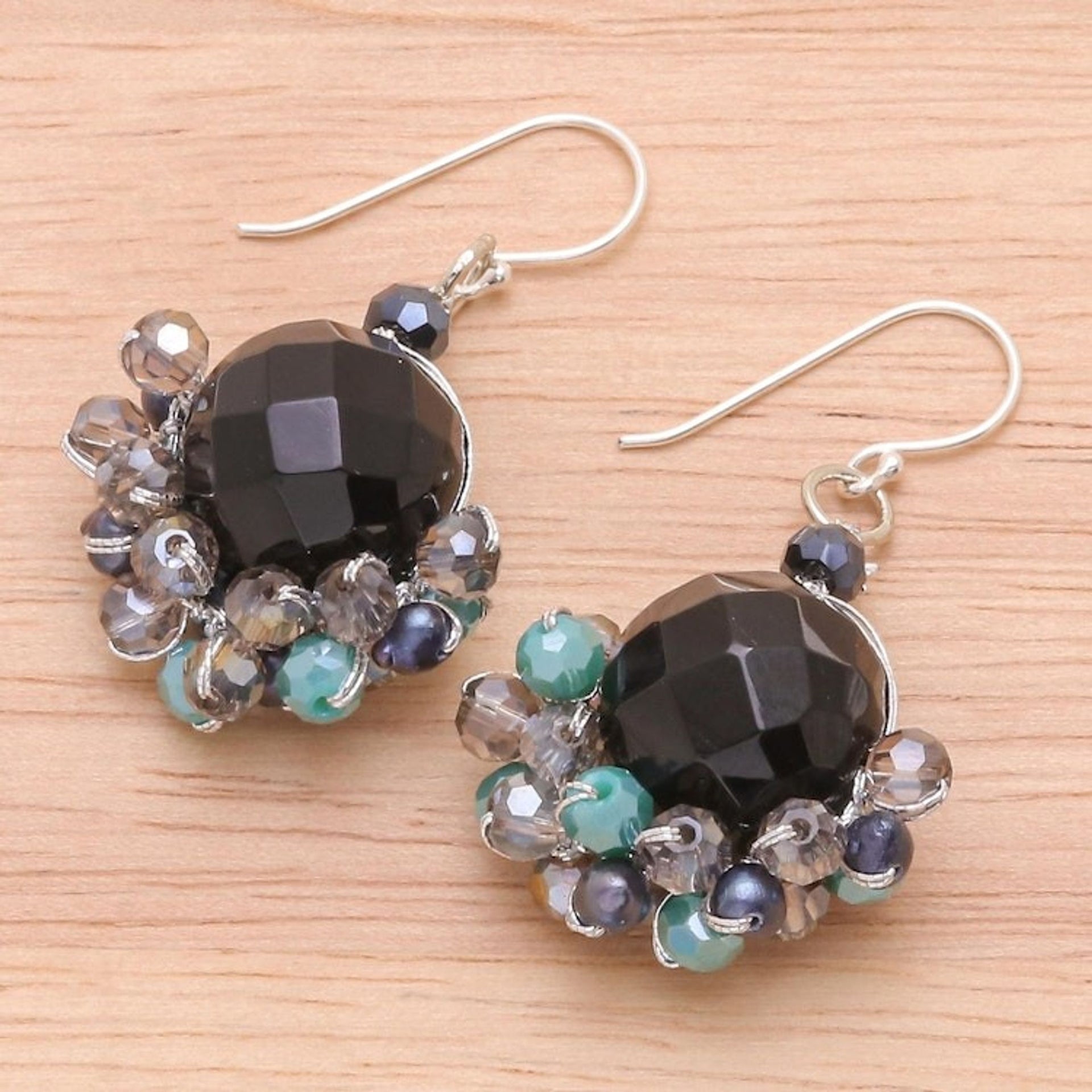 Onyx and Freshwater Pearl Dangle Earrings 'Vivid Dream in Teal'