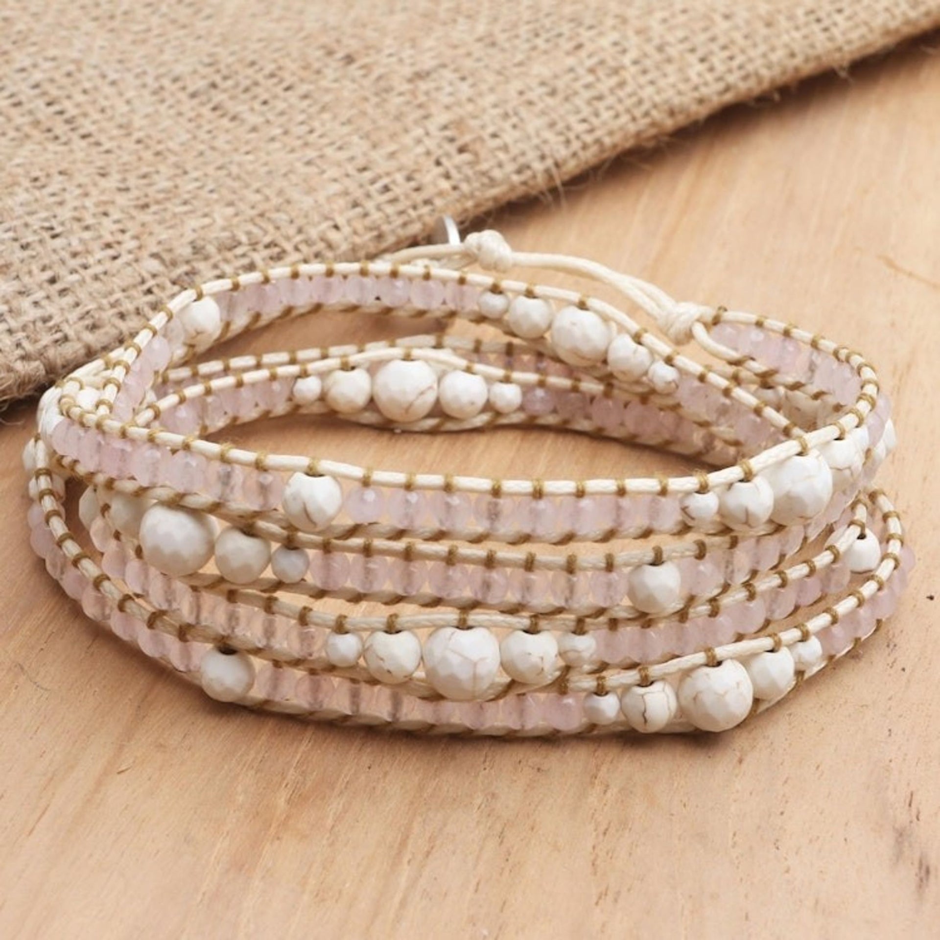 Handmade Howlite and Rose Quartz Beaded Wrap Bracelet 'Baby Cheeks'