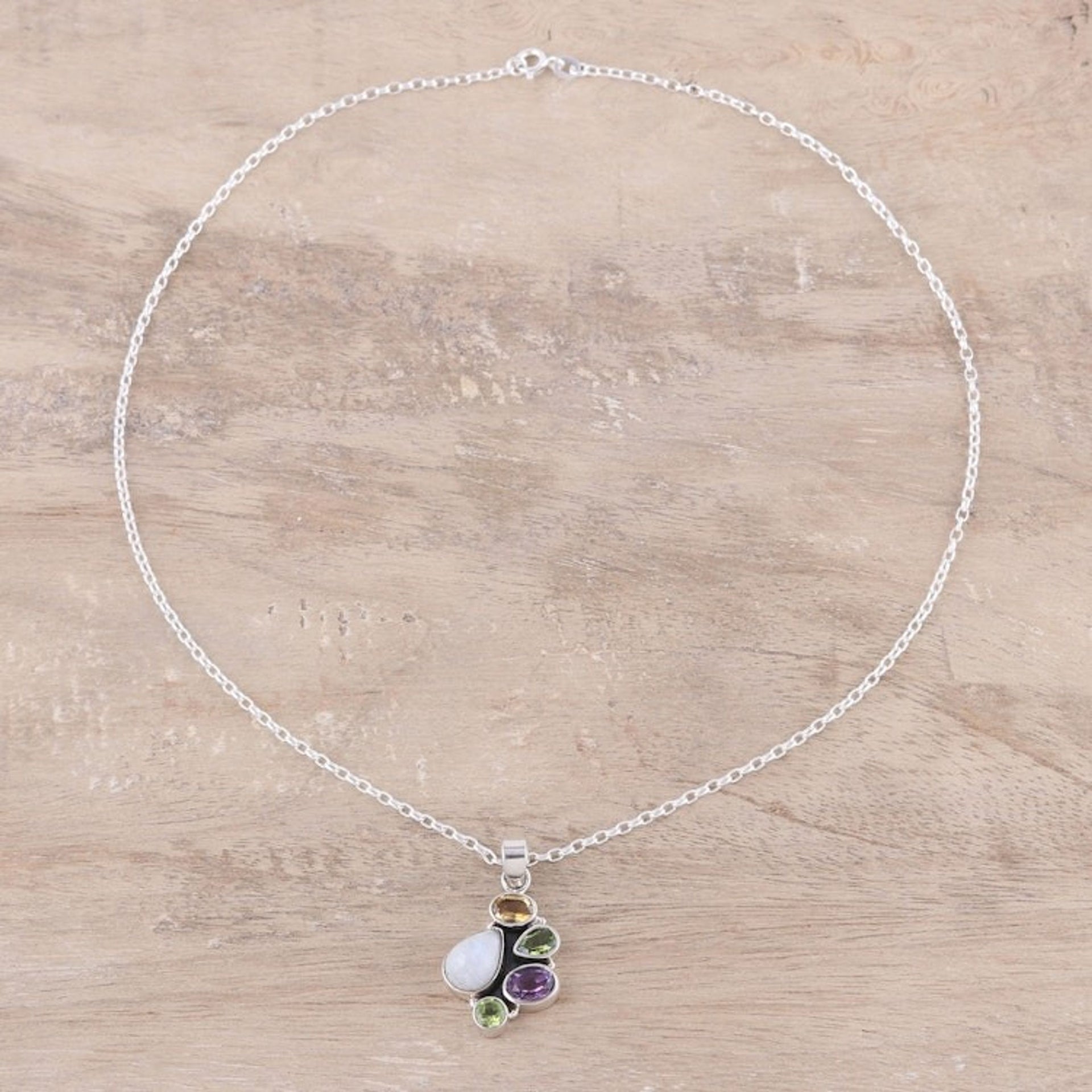Multi-Gemstone and Sterling Silver Pendant Necklace 'Color Shower'