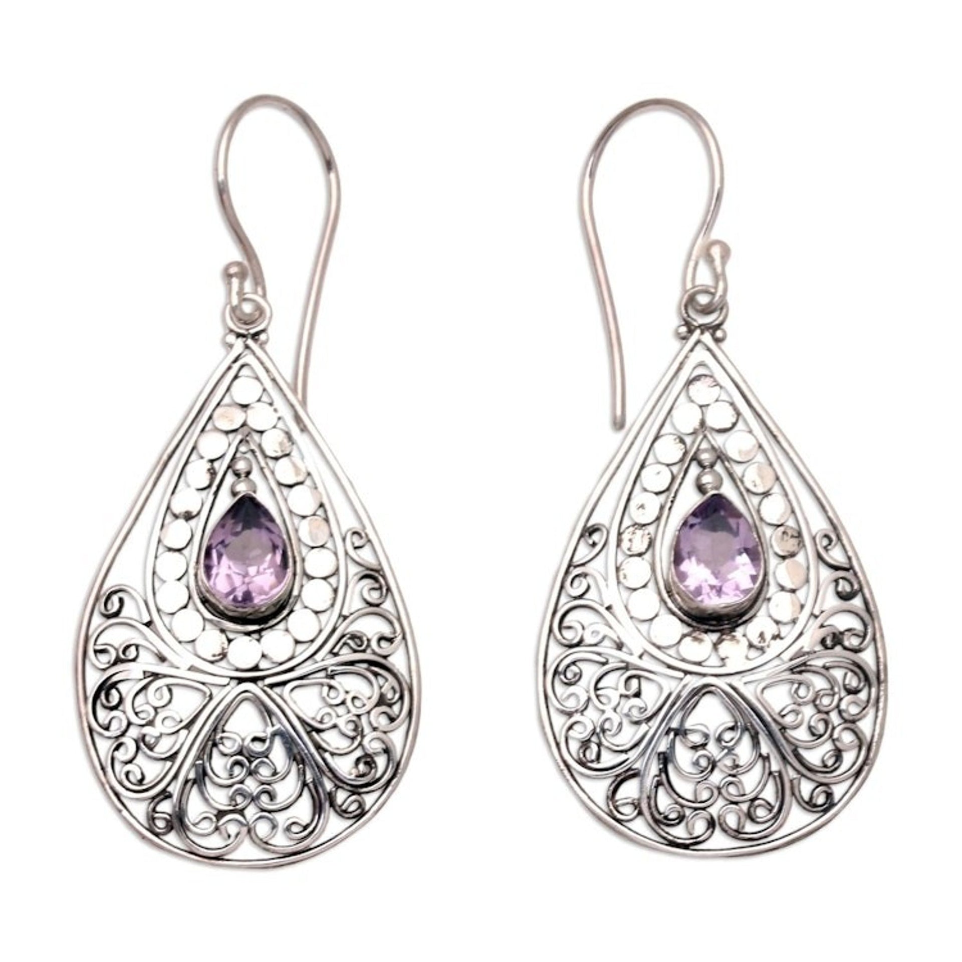 Amethyst and Sterling Silver Dangle Earrings from Bali 'Mixed Feelings'