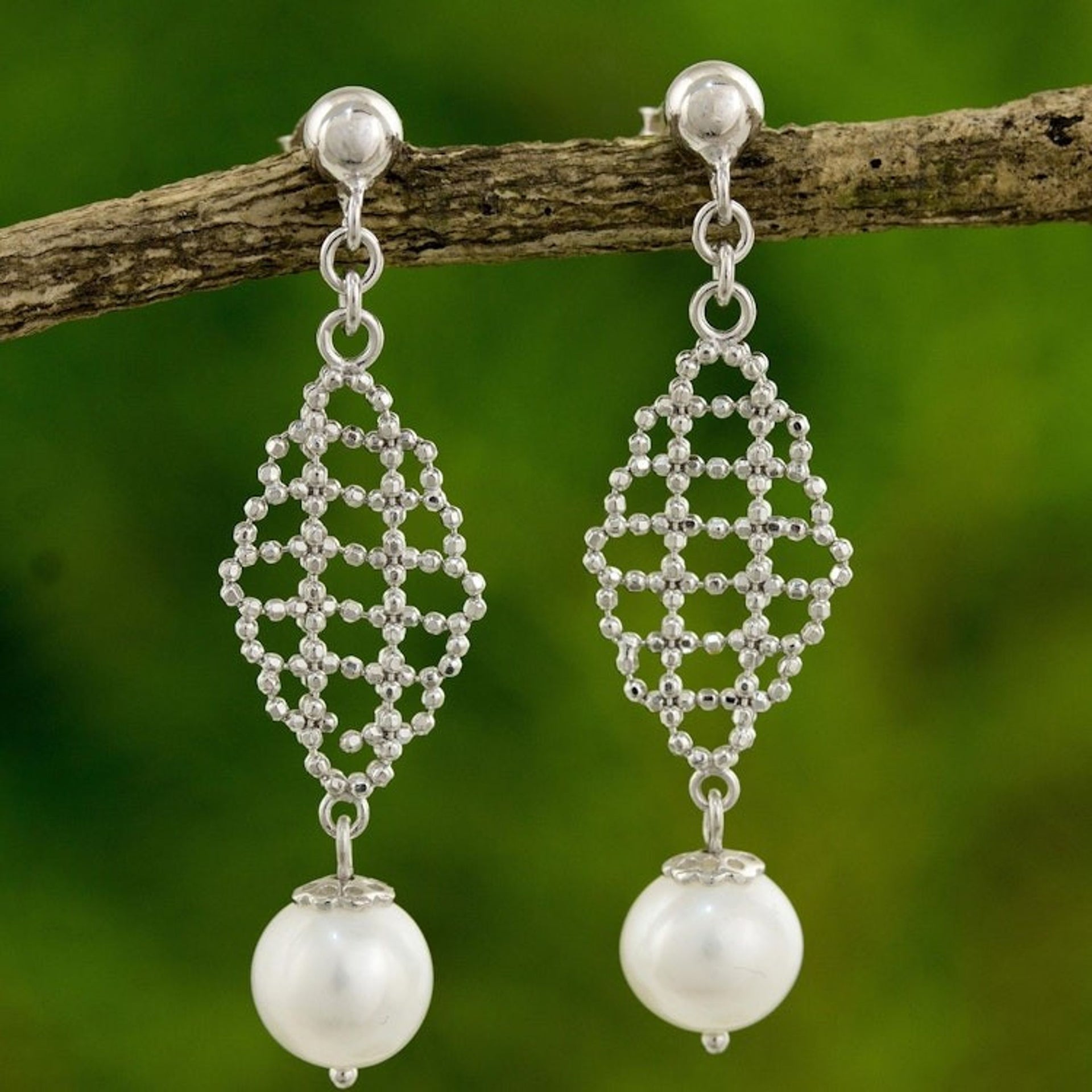 White Pearls on Artisan Crafted 925 Sterling Silver Earrings 'White Rose Mist'