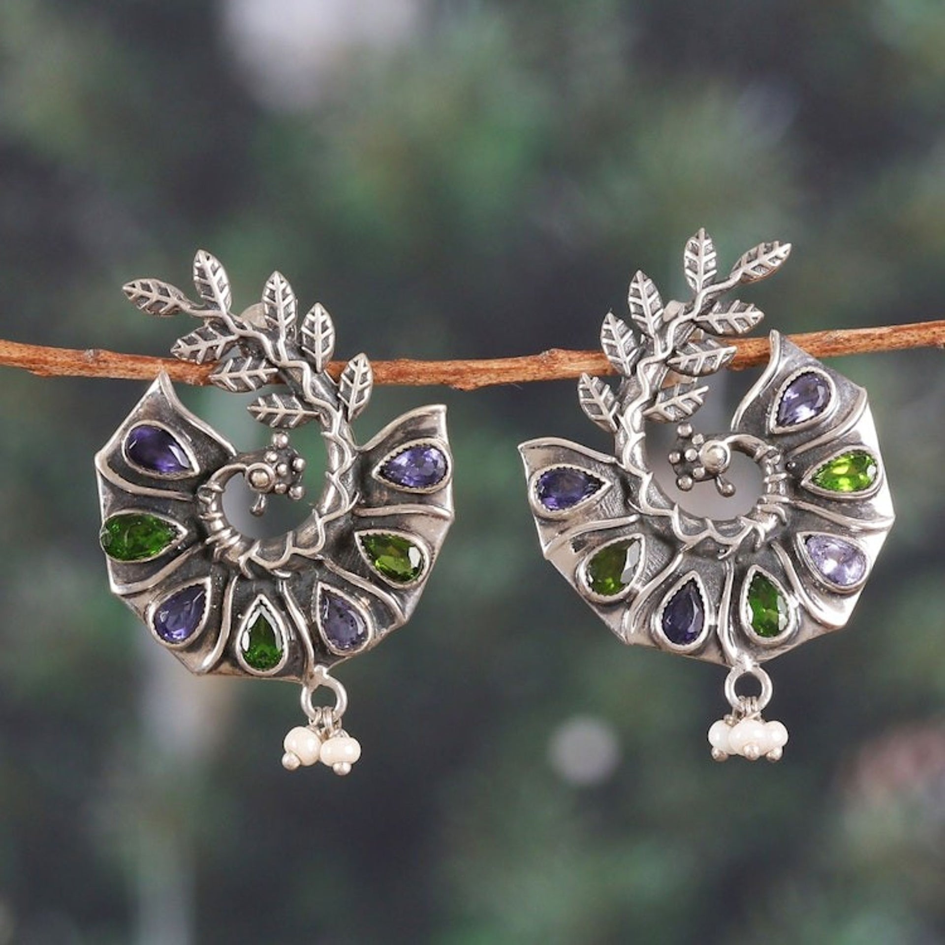 Peacock-Shaped Two-Carat Multi-Gemstone Dangle Earrings 'Peacock of Jewels'