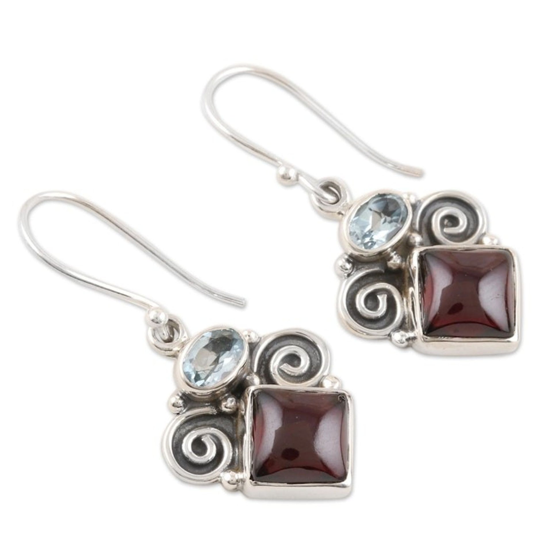 Garnet and Blue Topaz Dangle Earrings 'Rainbow Fragments'