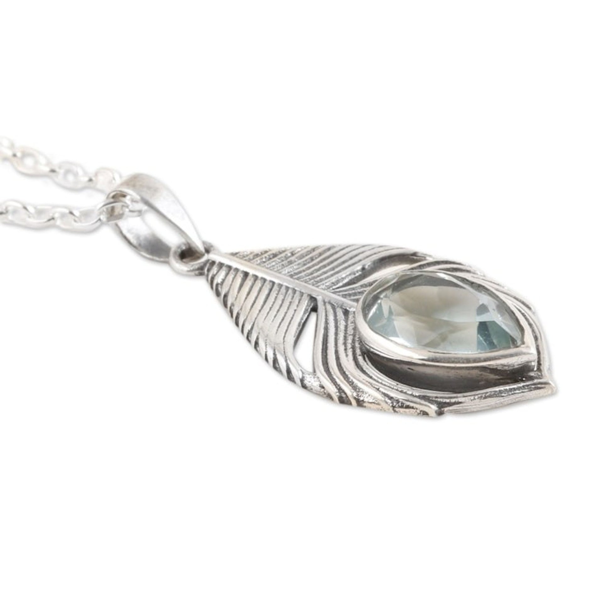 Three-Carat Blue Topaz Feather Pendant Necklace from India 'Radiant Freedom'