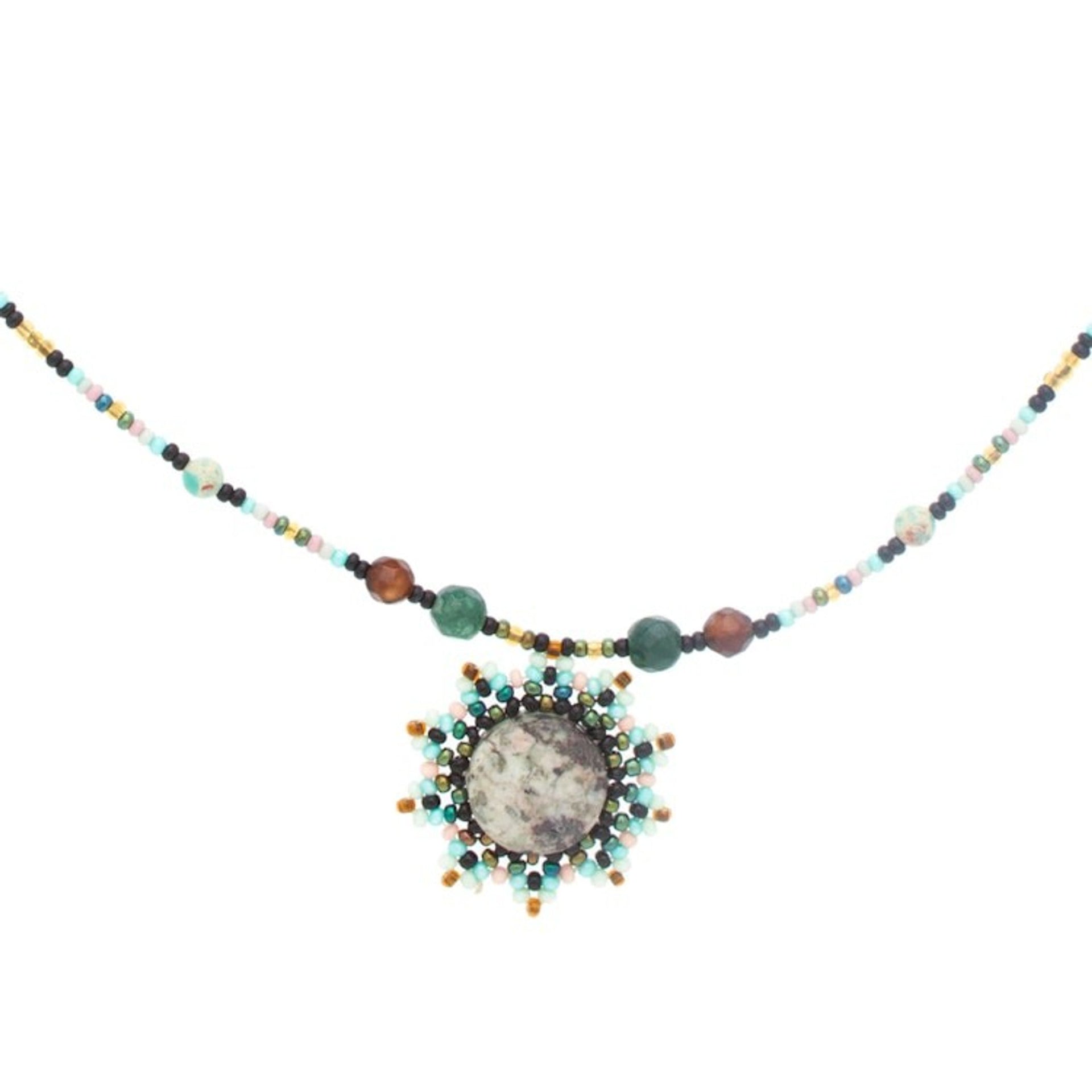 Agate Chrysocolla and Glass Beaded Necklace from Mexico 'Night Sun'