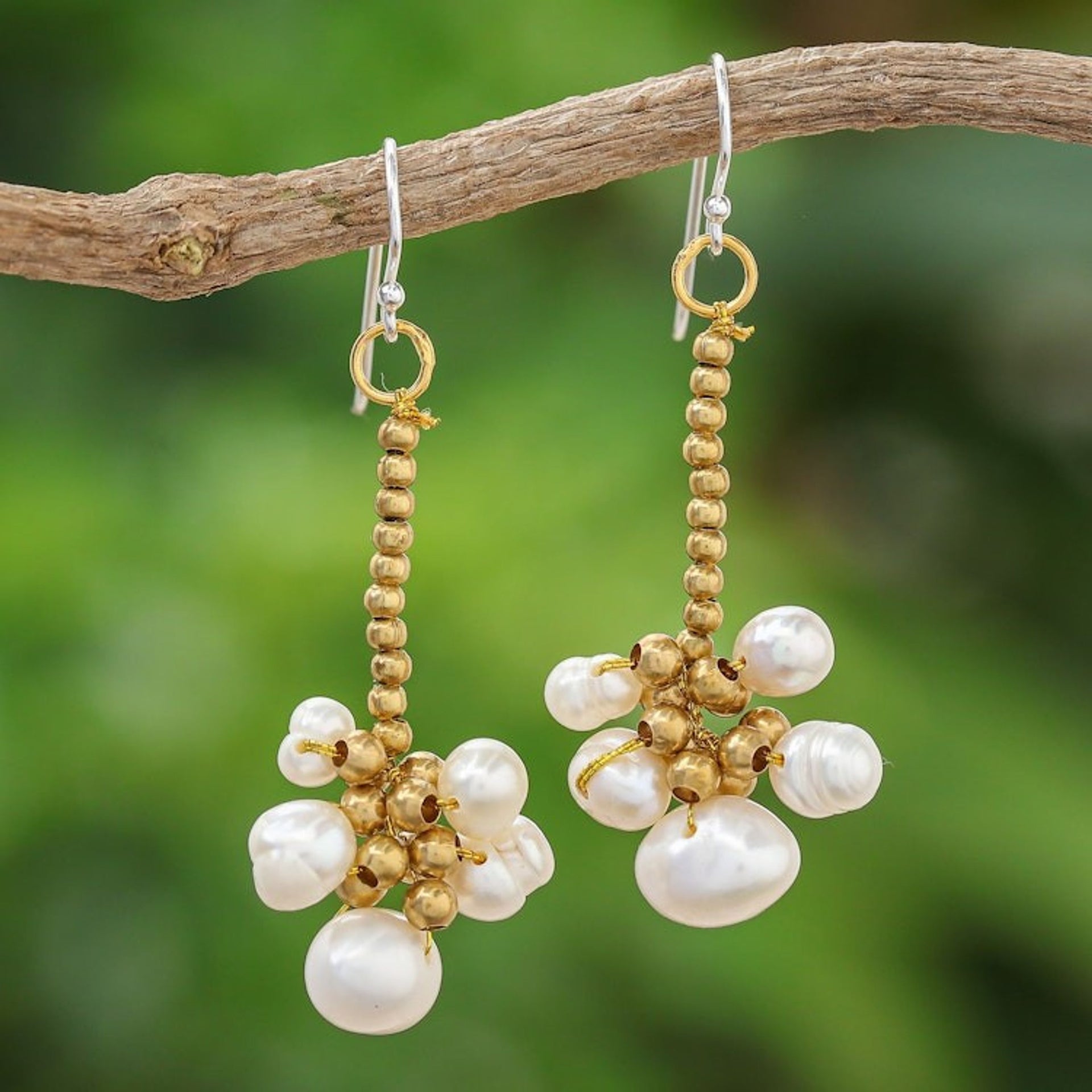 Thai Cultured Pearl and Brass Beaded Dangle Earrings 'Pearly Meeting'