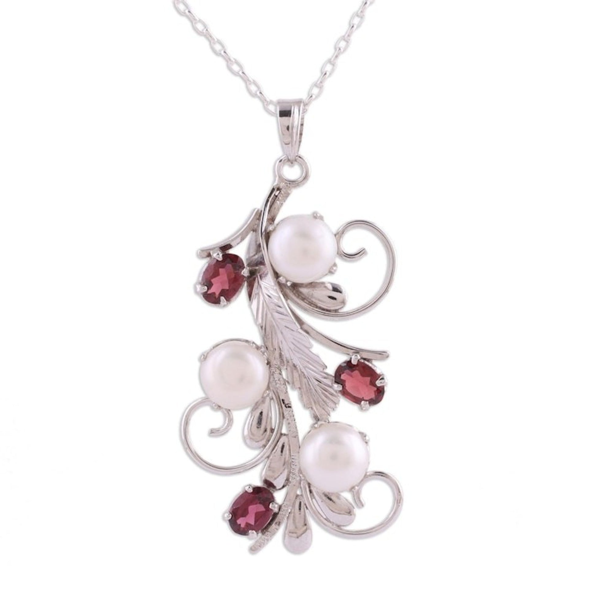 Rhodium Plated Cultured Pearl and Garnet Necklace from India 'Royal Vine'