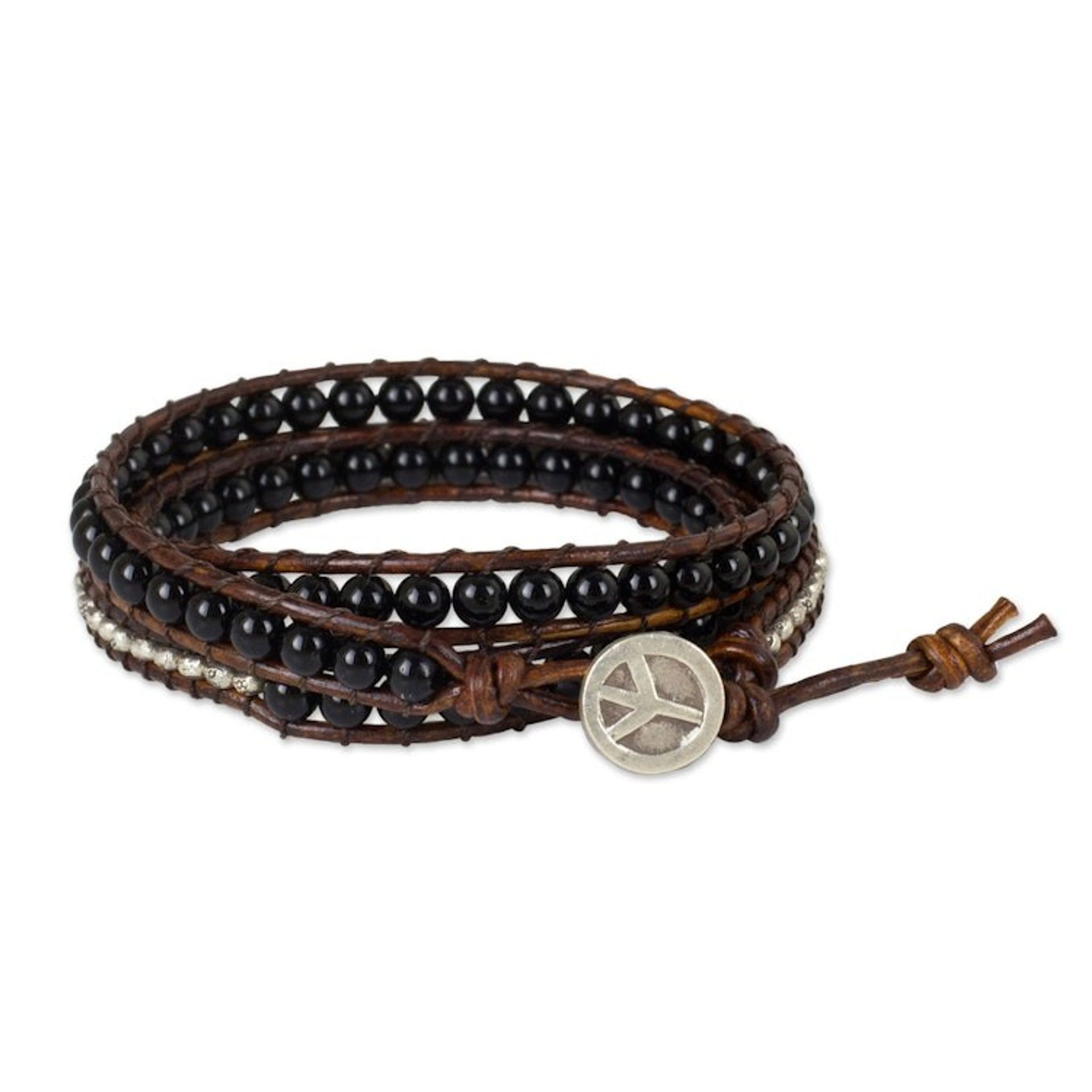 Onyx Beads on Brown Leather Wrap Bracelet from Thailand 'Hill Tribe Boheme'