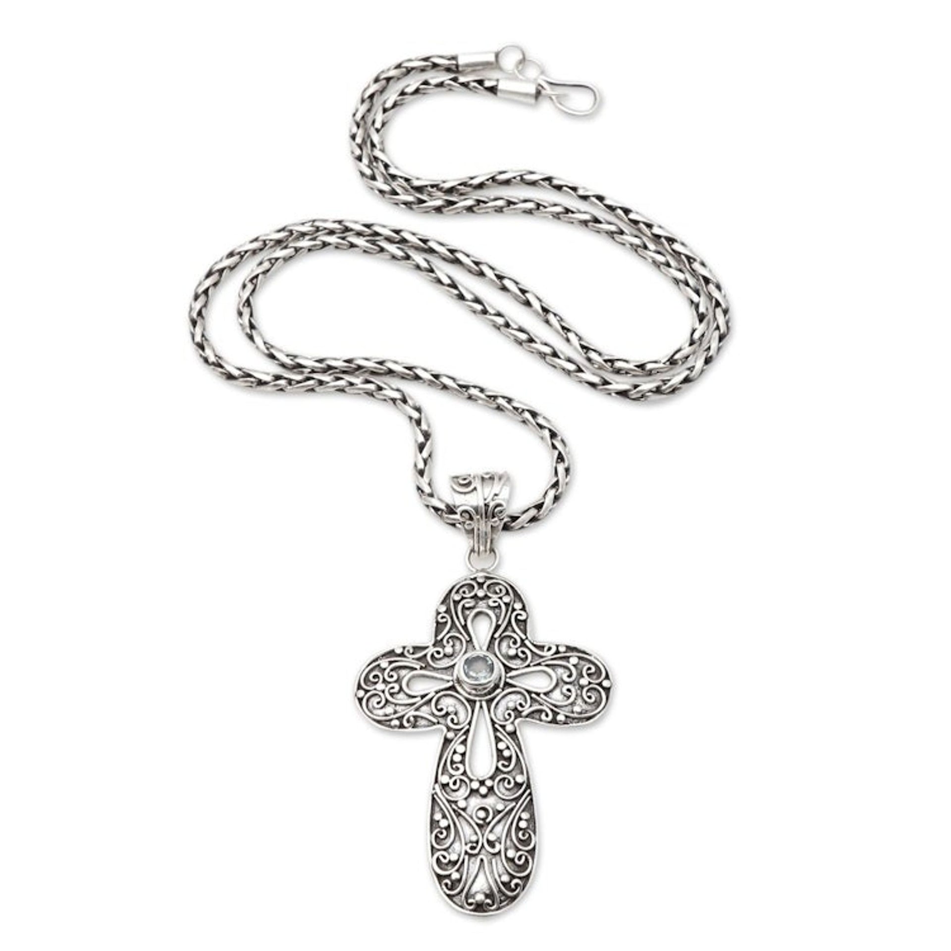 Blue Topaz Cross-Motif Pendant Necklace 'Magic Cross'