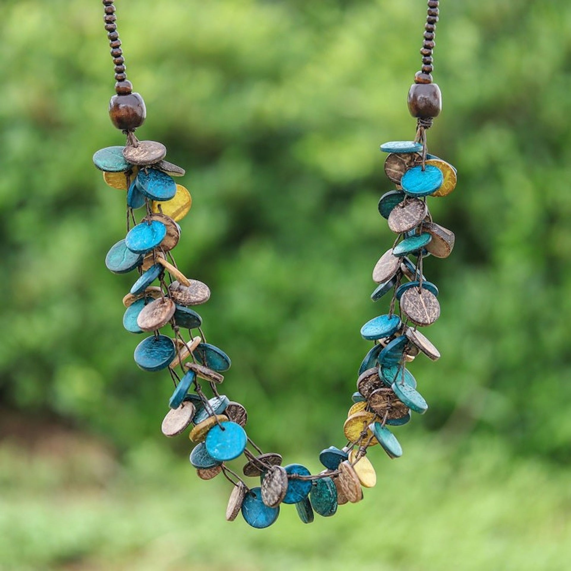 Teal and Golden Round Wood Beaded Three-Strand Necklace 'Cycles of Majesty'