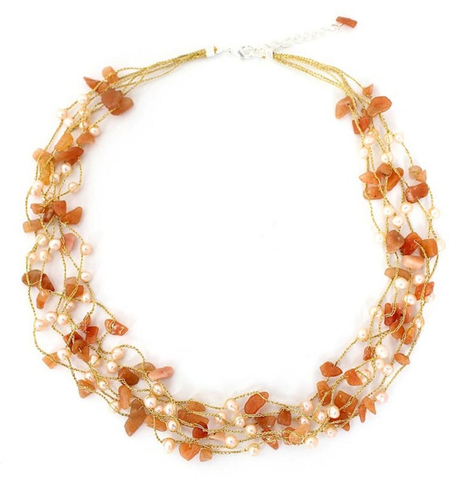 Hand Crafted Beaded Aventurine and Pearl Necklace 'Afternoon Glow'