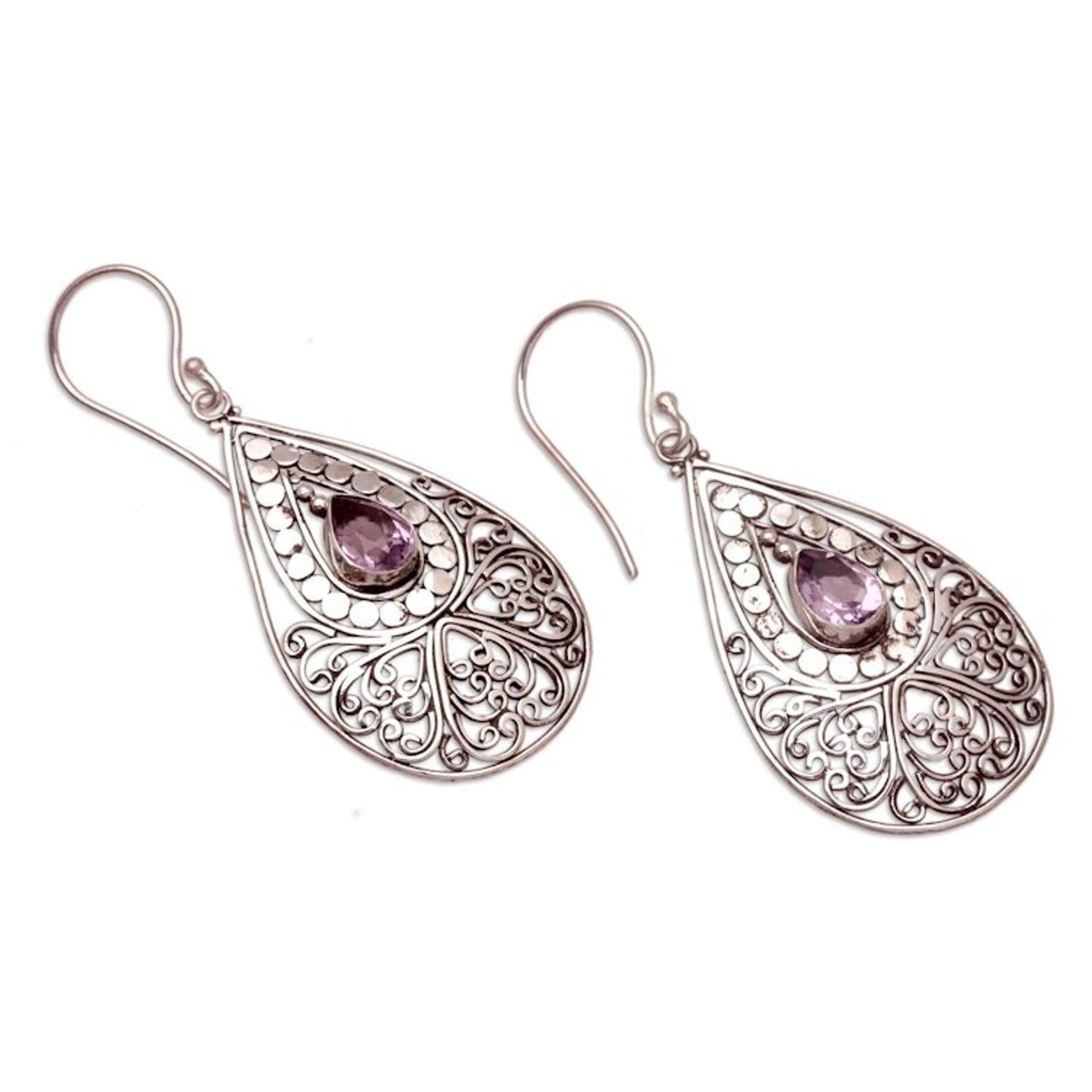 Amethyst and Sterling Silver Dangle Earrings from Bali 'Mixed Feelings'