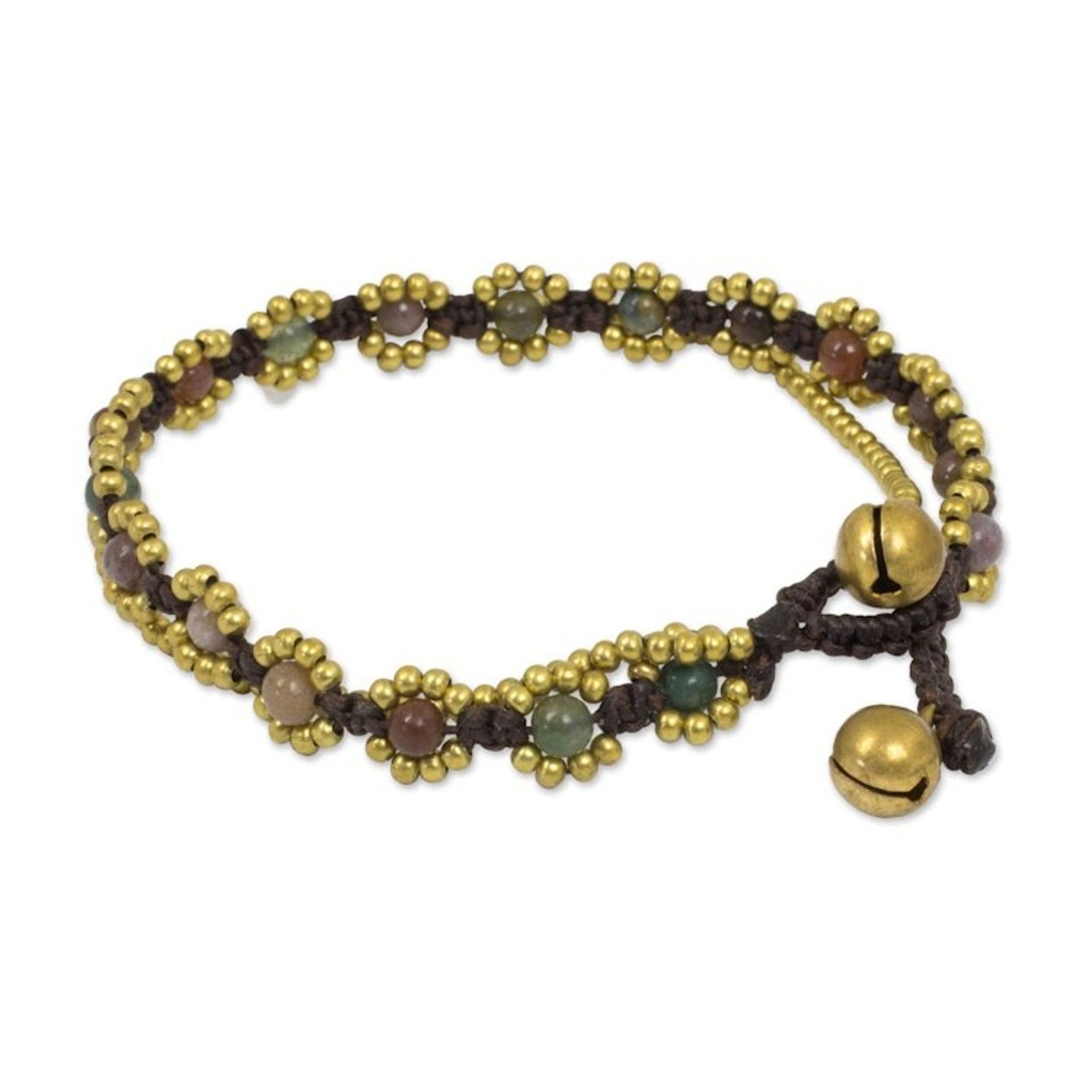 Hand Knotted Jasper Beaded Bracelet with Brass Bell 'Festive Day'